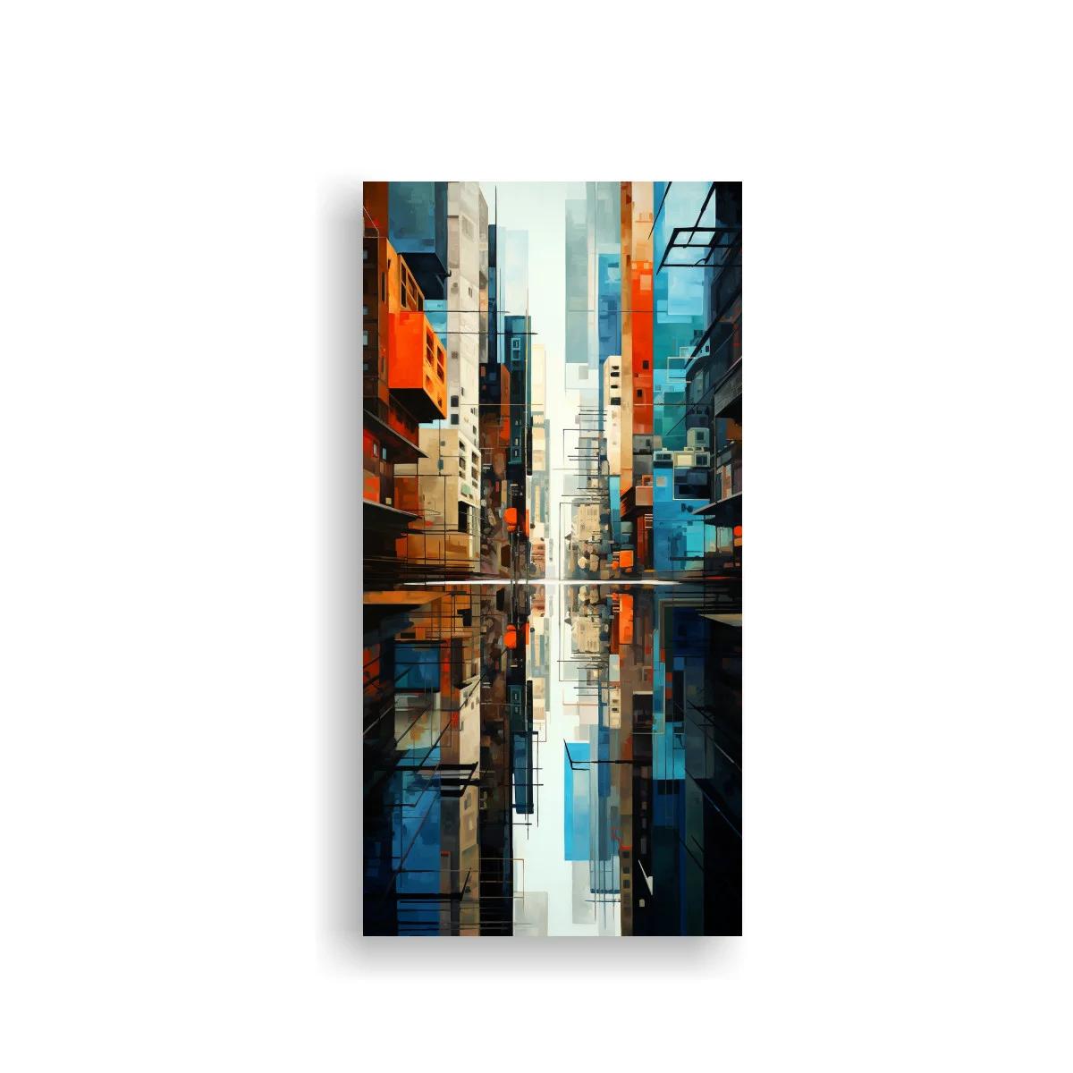Cuadro calle urbana con reflejo y fachadas geométricas