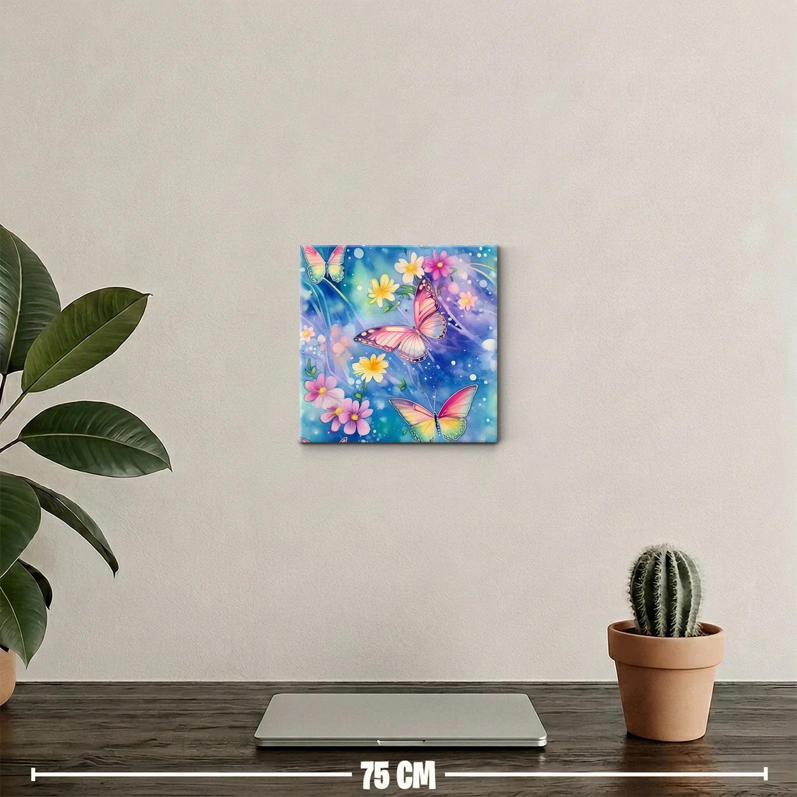 Mariposas y flores en tonos pastel sobre fondo azul — miniatura 2