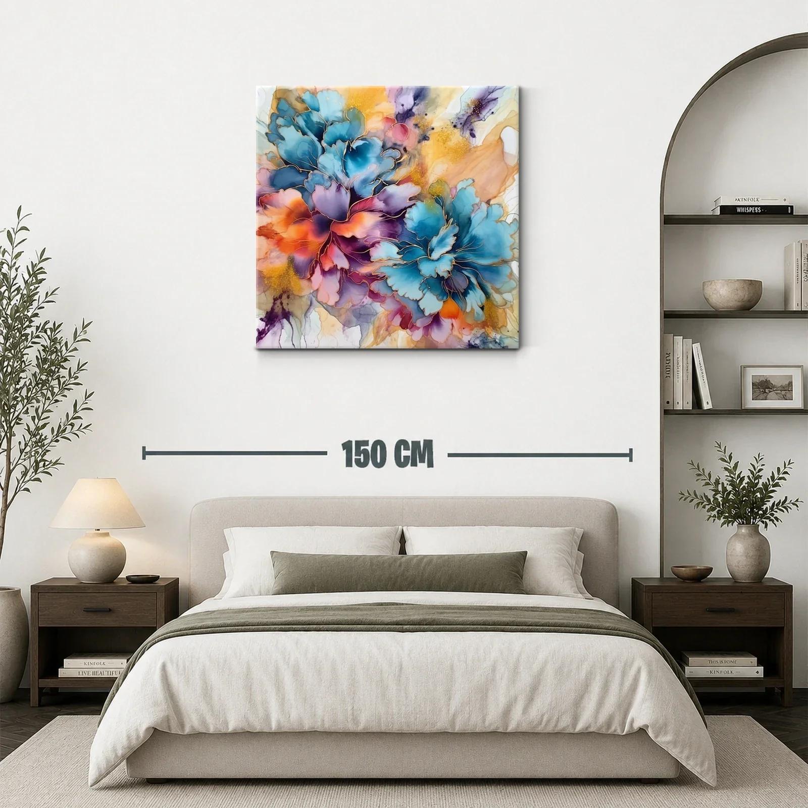 Cuadro floral vibrante con tonos azul y naranja intensos — miniatura 3