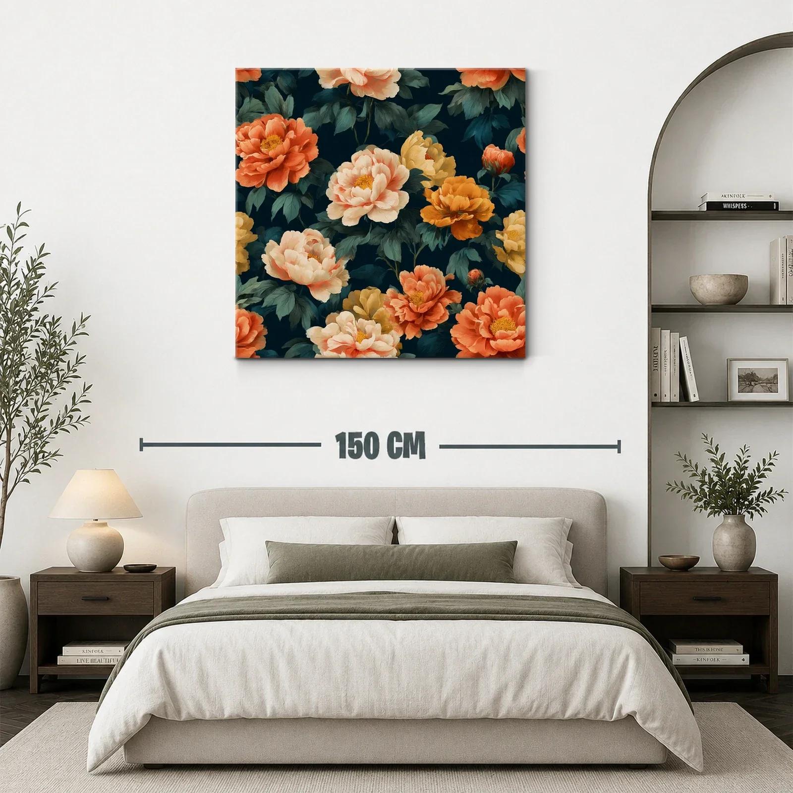 Cuadro floral con peonías en tonos cálidos y fondo oscuro — miniatura 3