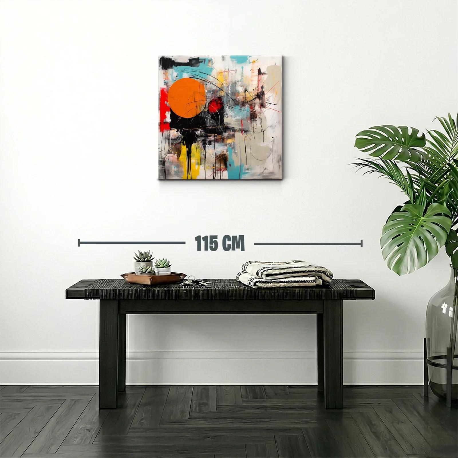 Cuadro abstracto con círculo naranja y trazos dinámicos — miniatura 2