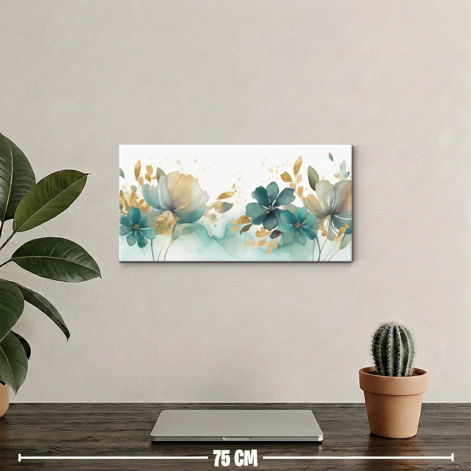 Cuadro peonías azul verdoso con hojas doradas — miniatura 2