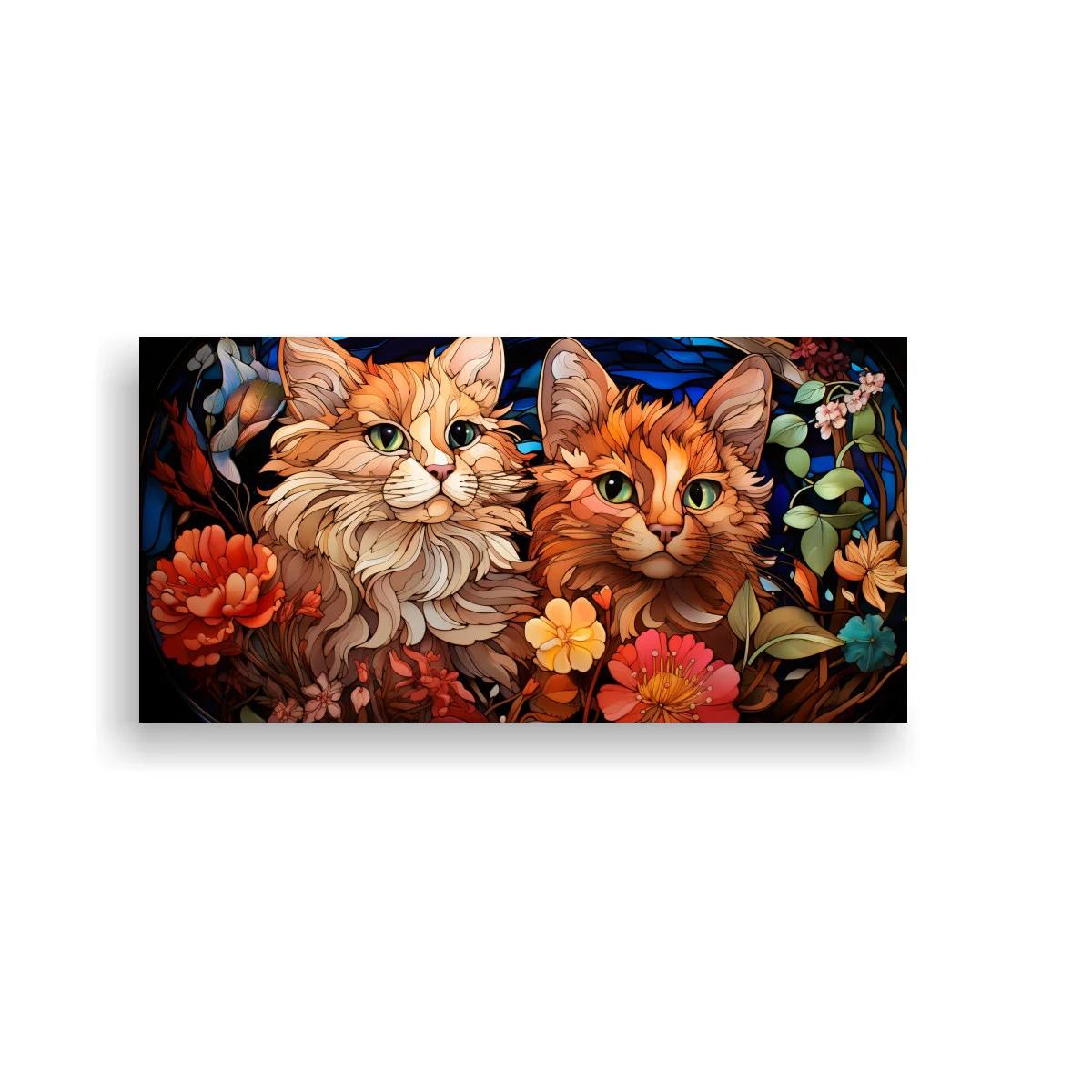 Cuadro dos gatos de pelo largo enmarcados por un óvalo floral