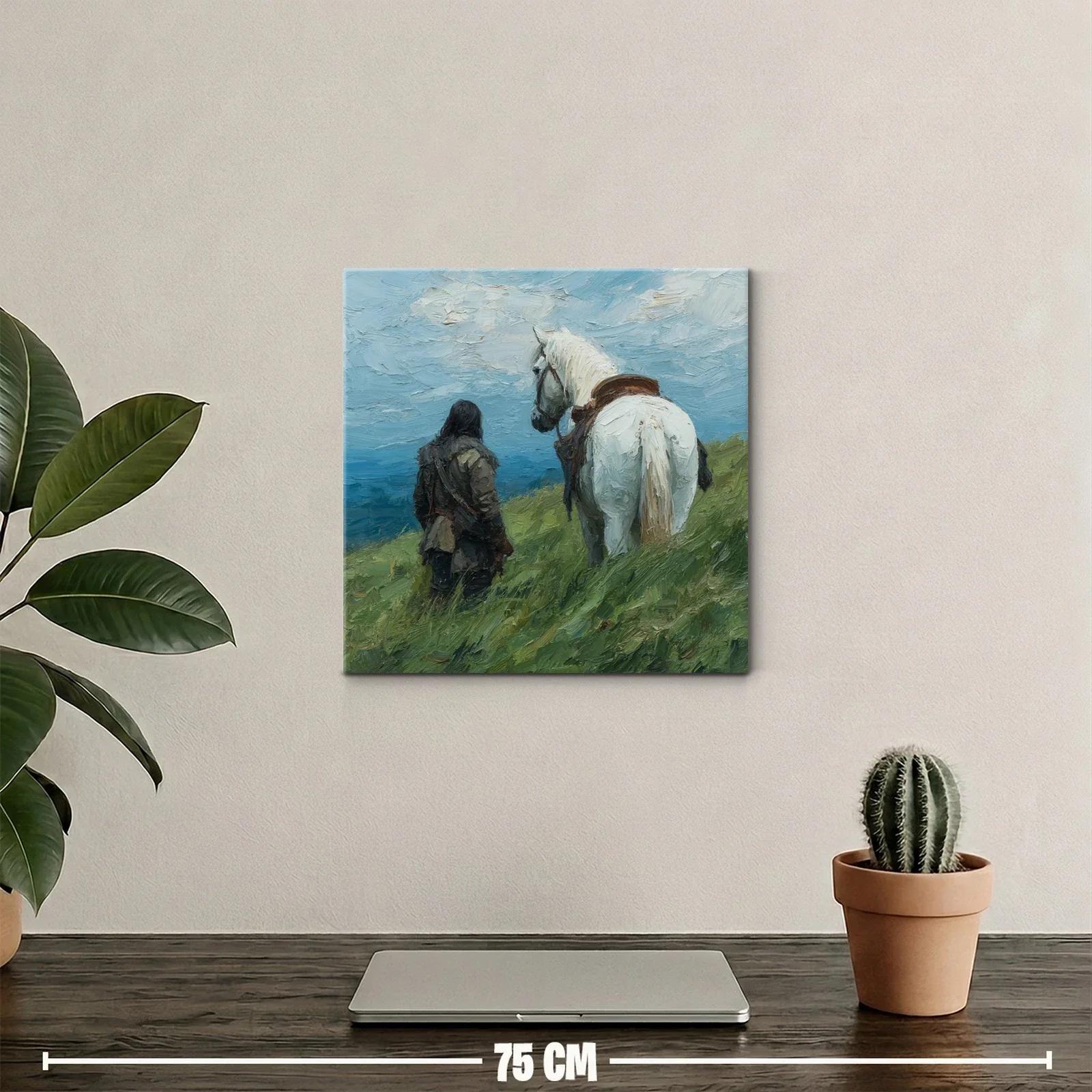 Escena Campestre con Jinete y Caballo Blanco en Paisaje Abierto — miniatura 2