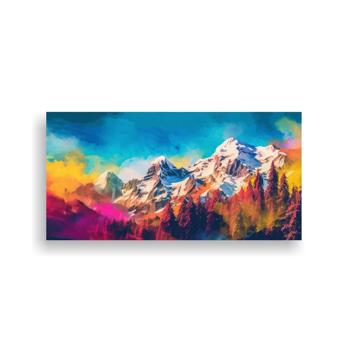 Cuadro cordillera nevada con bosques y tonos coral magenta — imagen principal