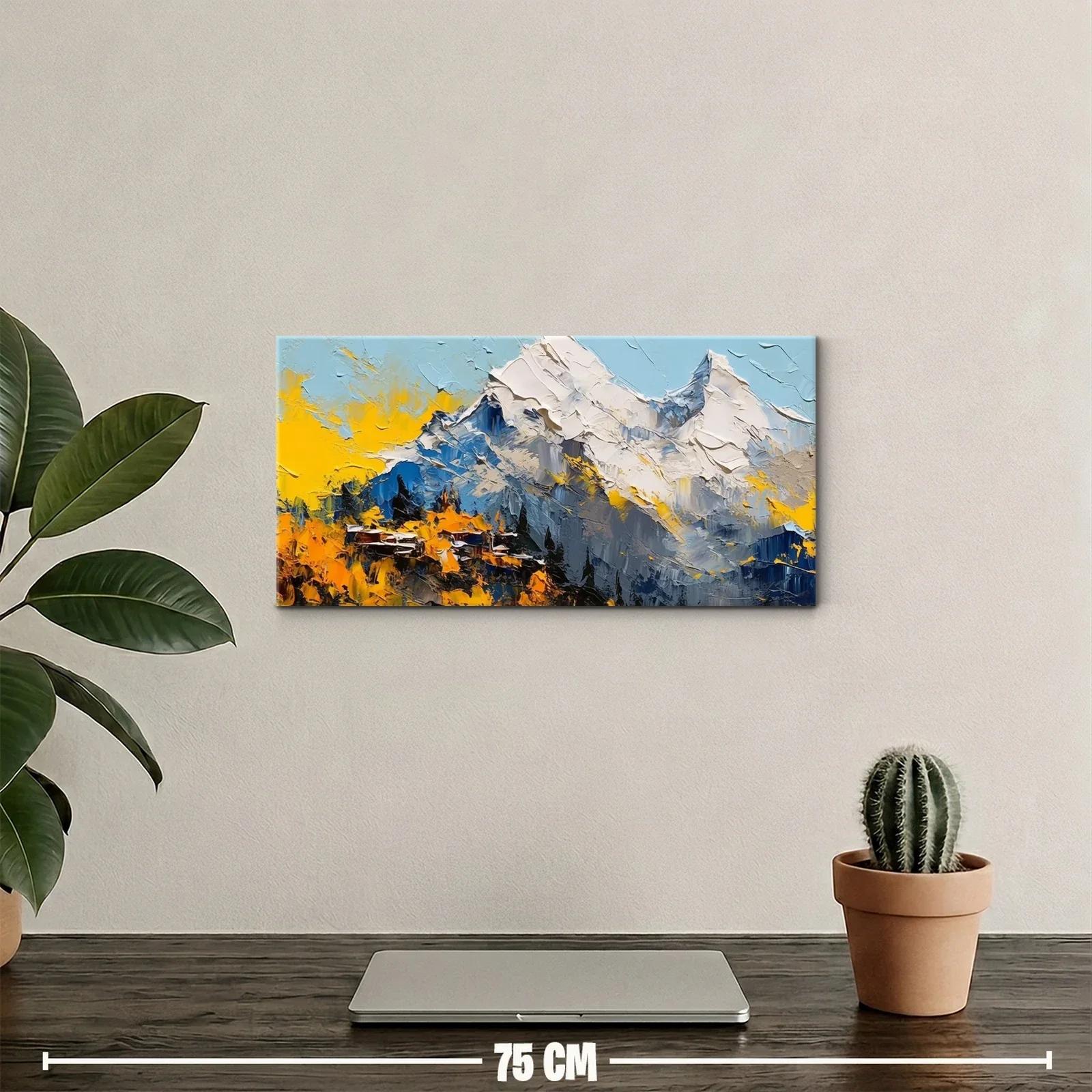 Cuadro montañas nevadas con laderas oscuras y asentamiento — miniatura 2