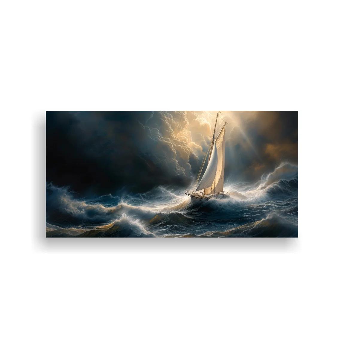 Cuadro velero en tormenta con velas claras y luz entre nubes — imagen principal