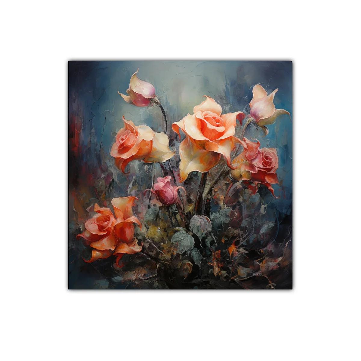 Cuadro decorativo con flores en tonos cálidos y fondo oscuro — miniatura 1