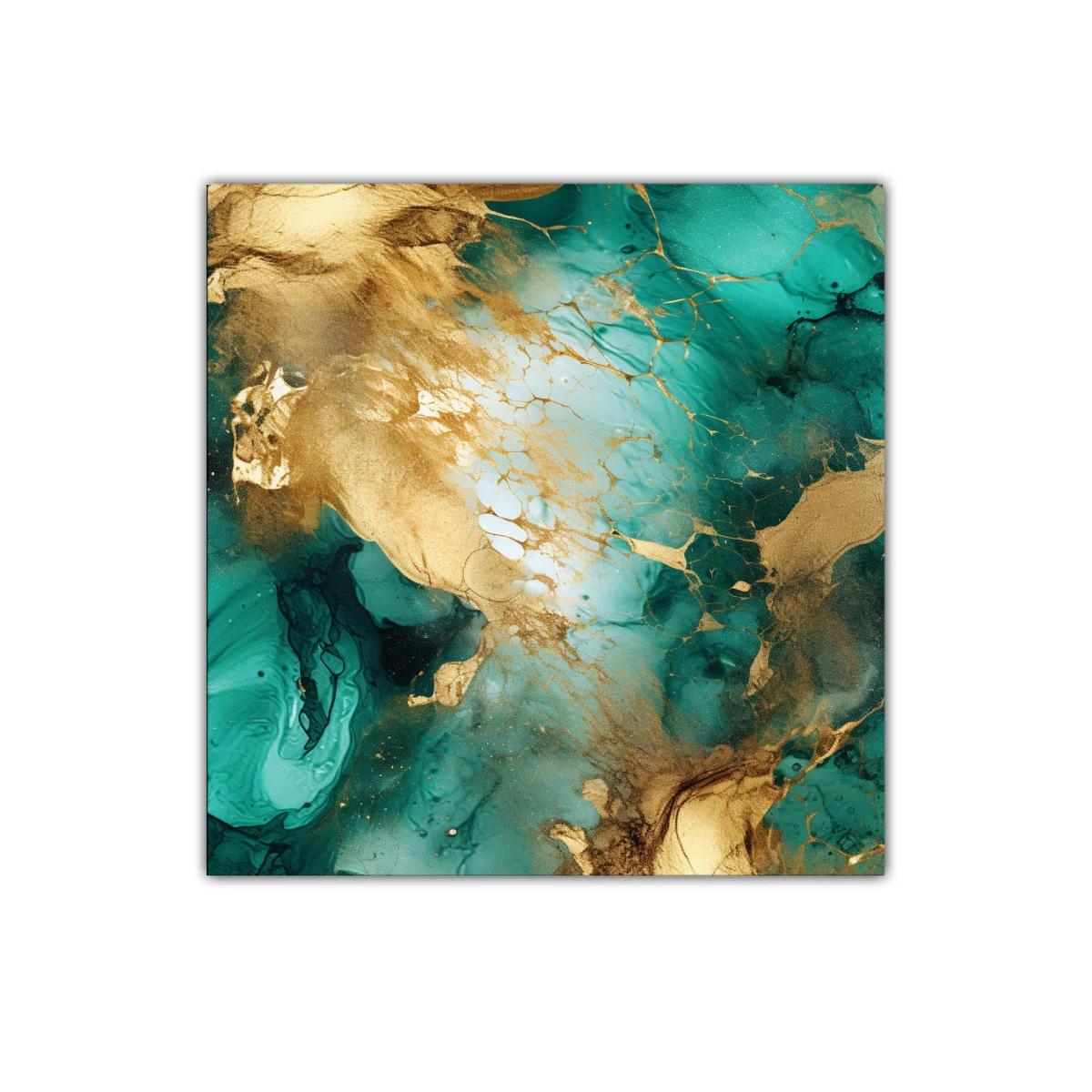 Cuadro abstracto con tonos dorados y verdes vibrantes — miniatura 1