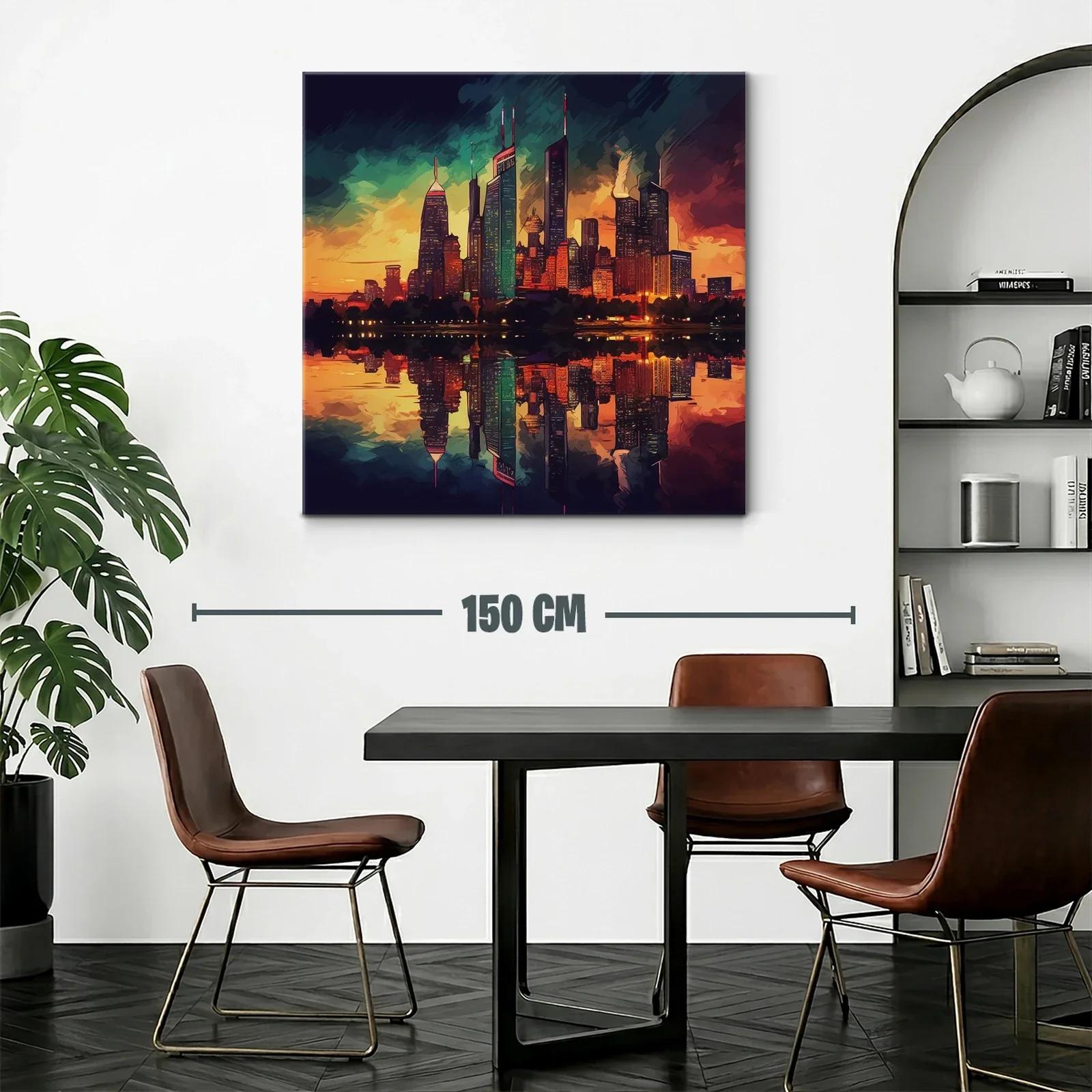 Atardecer vibrante sobre ciudad con reflejo en agua — miniatura 2