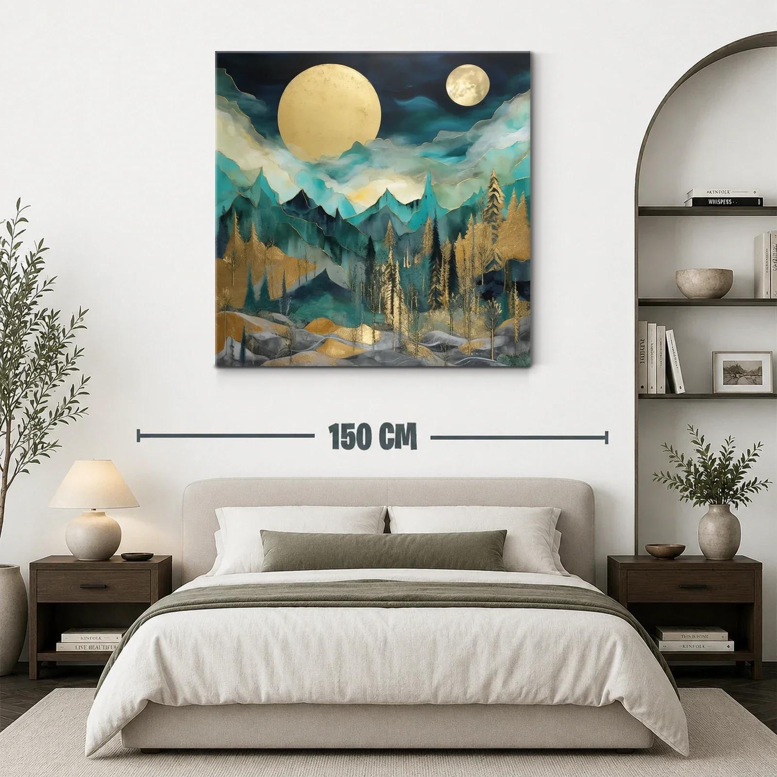 Paisaje nocturno con lunas doradas y montañas azules — miniatura 3