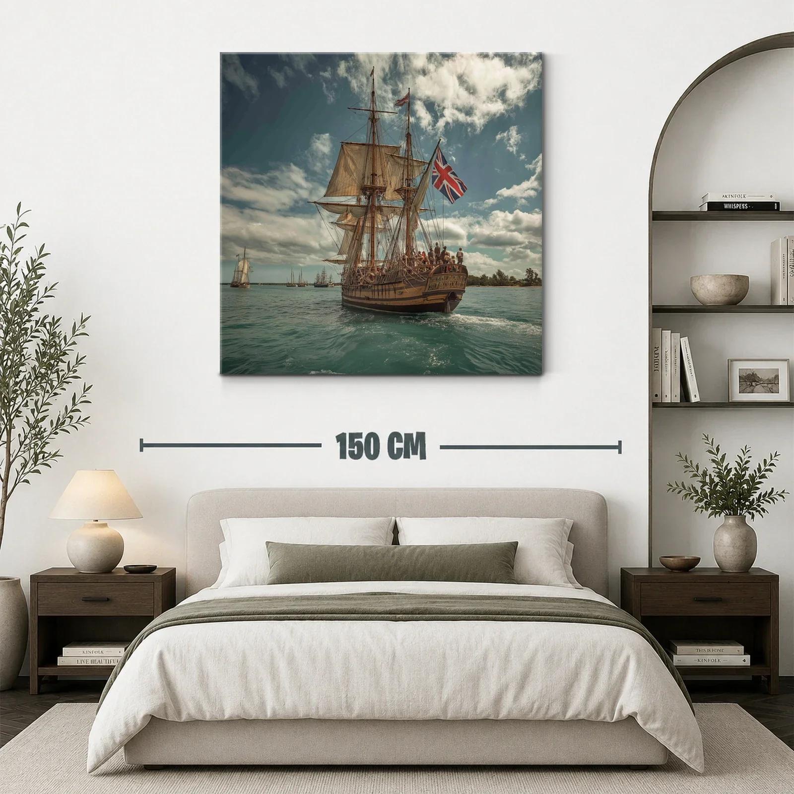 Barco antiguo con velas y bandera británica en el mar — miniatura 3