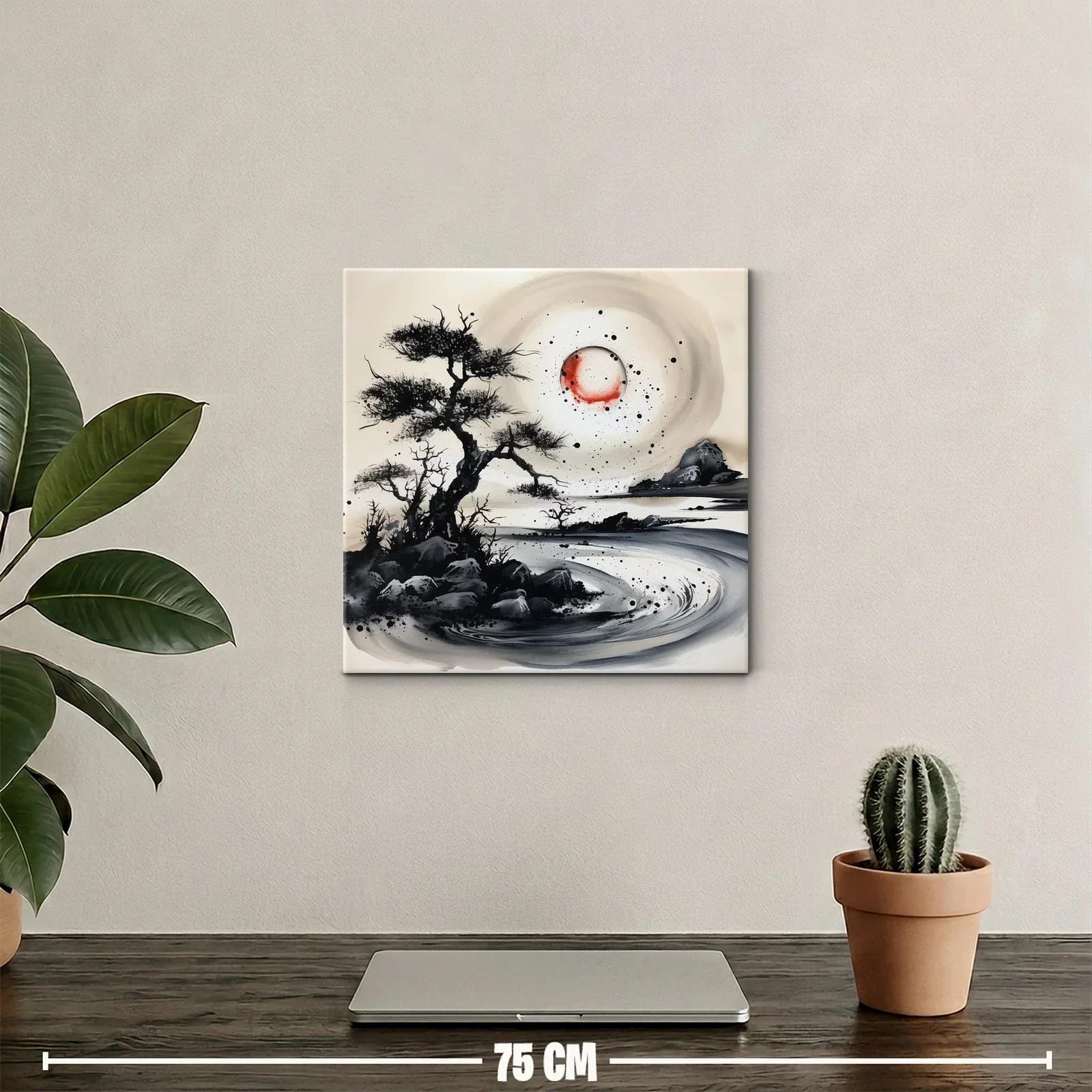 Paisaje onírico con árboles y luna roja en tinta china — miniatura 2