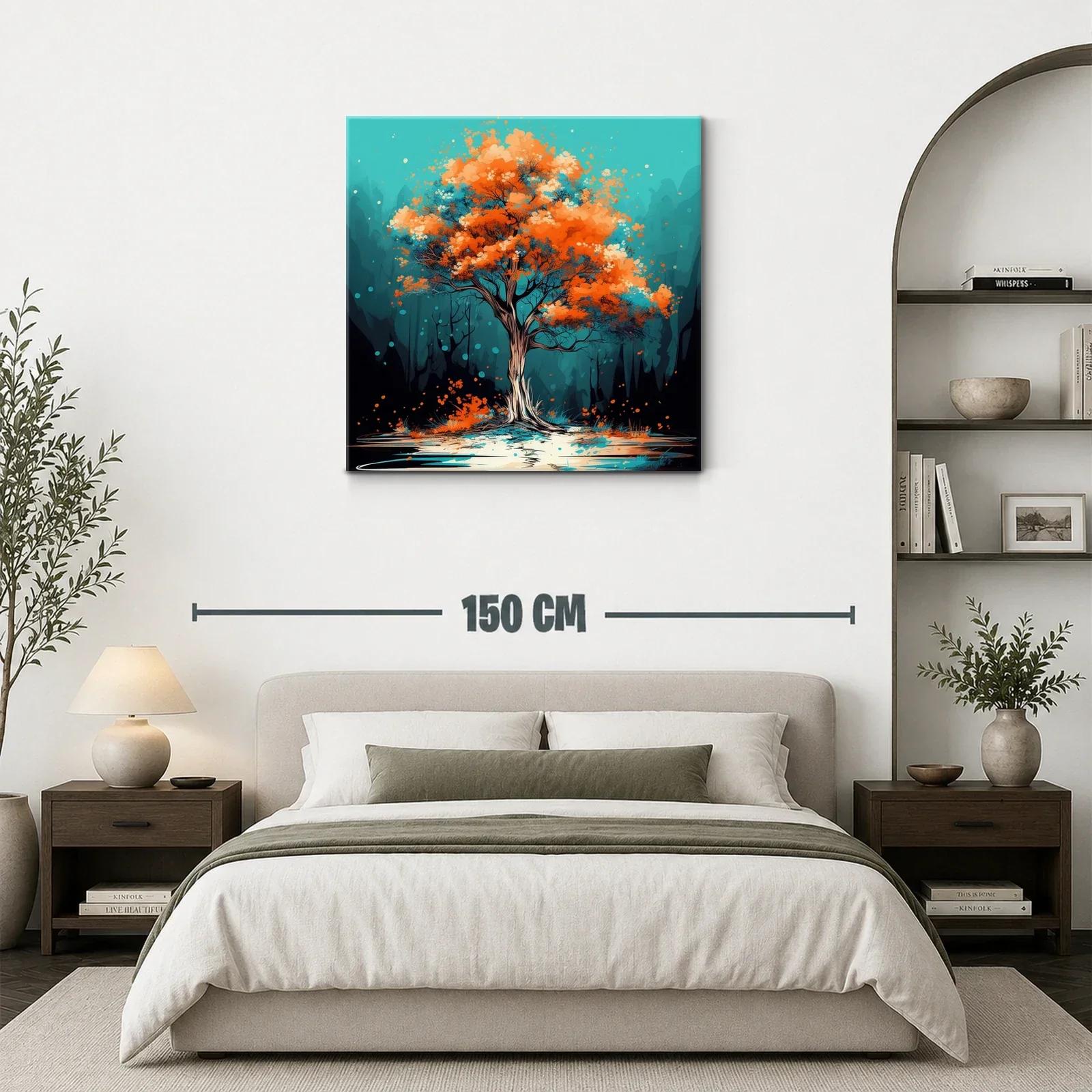 Árbol vibrante con follaje naranja en paisaje azul — miniatura 3