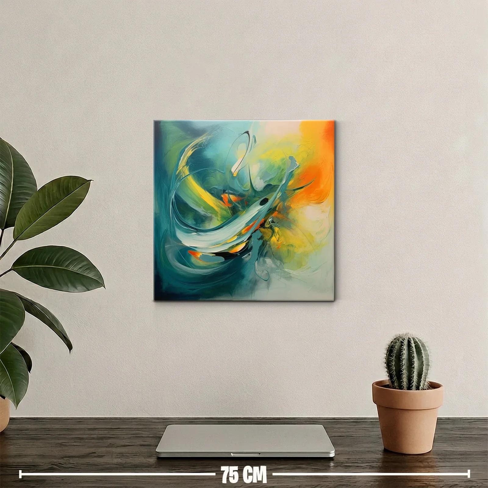 Cuadro abstracto con dinamismo en tonos verdes y naranjas — miniatura 2