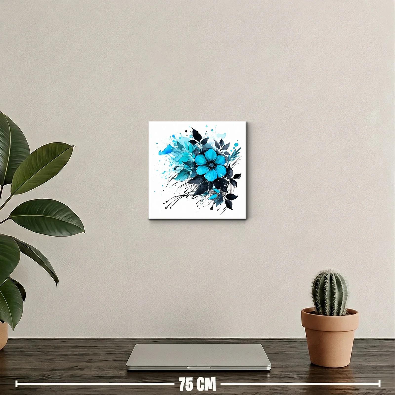 Cuadro decorativo flor azul con hojas negras y acuarela — miniatura 2