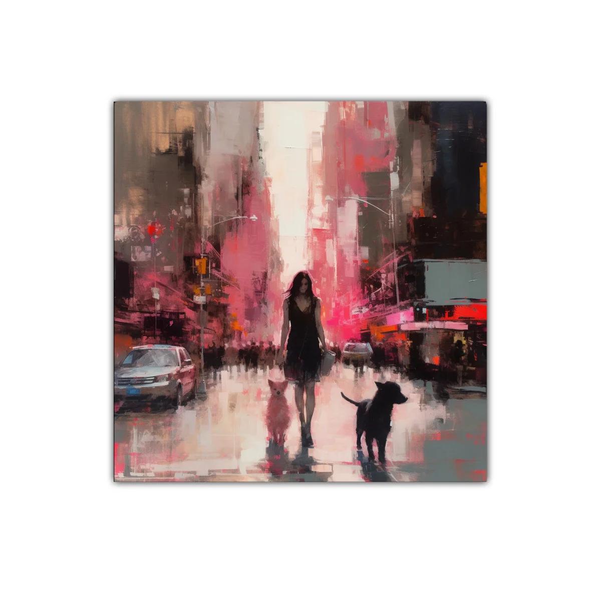 Figura femenina caminando con perros en ciudad vibrante — miniatura 1