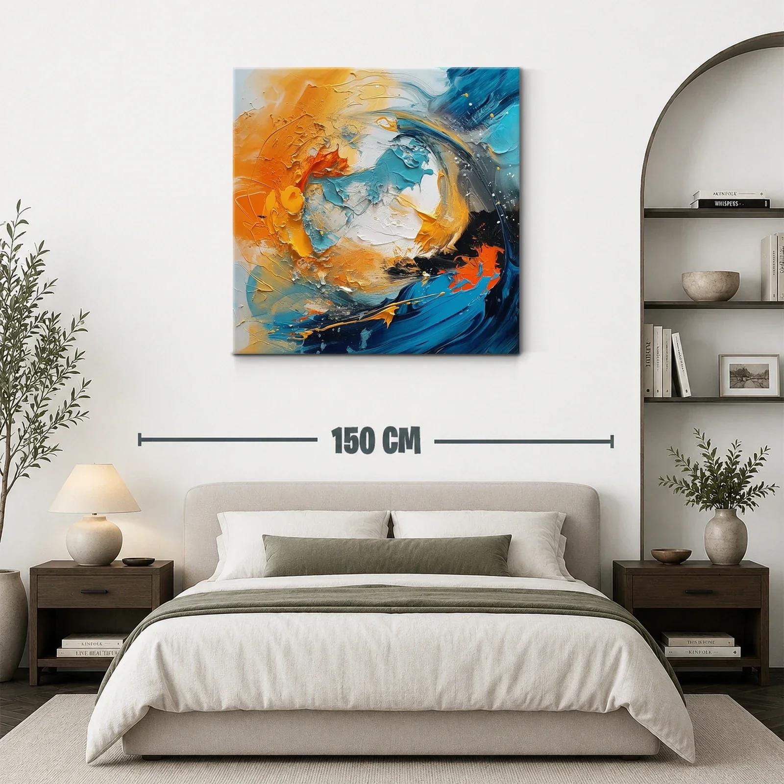 Cuadro abstracto en tonos turquesa y naranja vibrante — miniatura 3