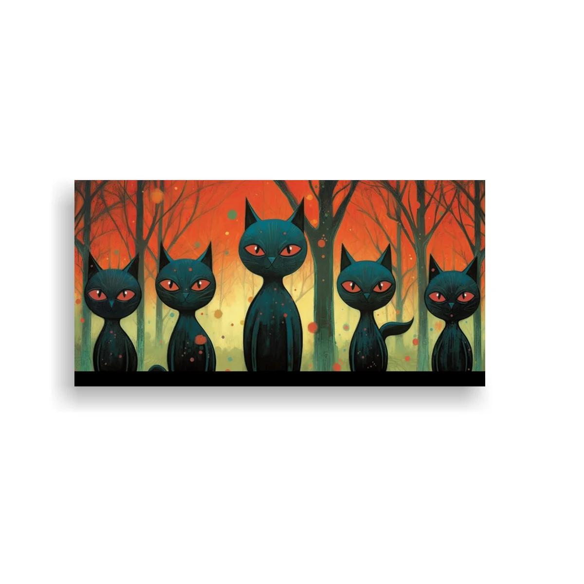 Cuadro cinco gatos negros frente a un bosque de troncos verticales