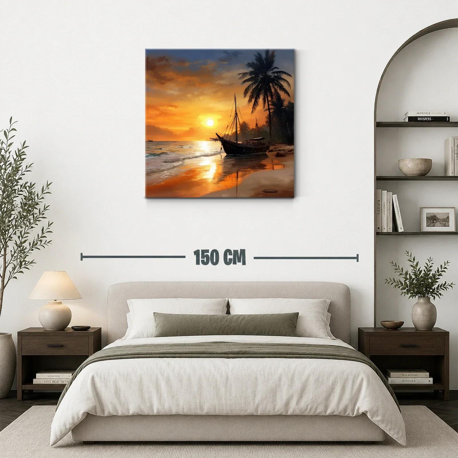 Atardecer en la playa con barco y palmeras — miniatura 3