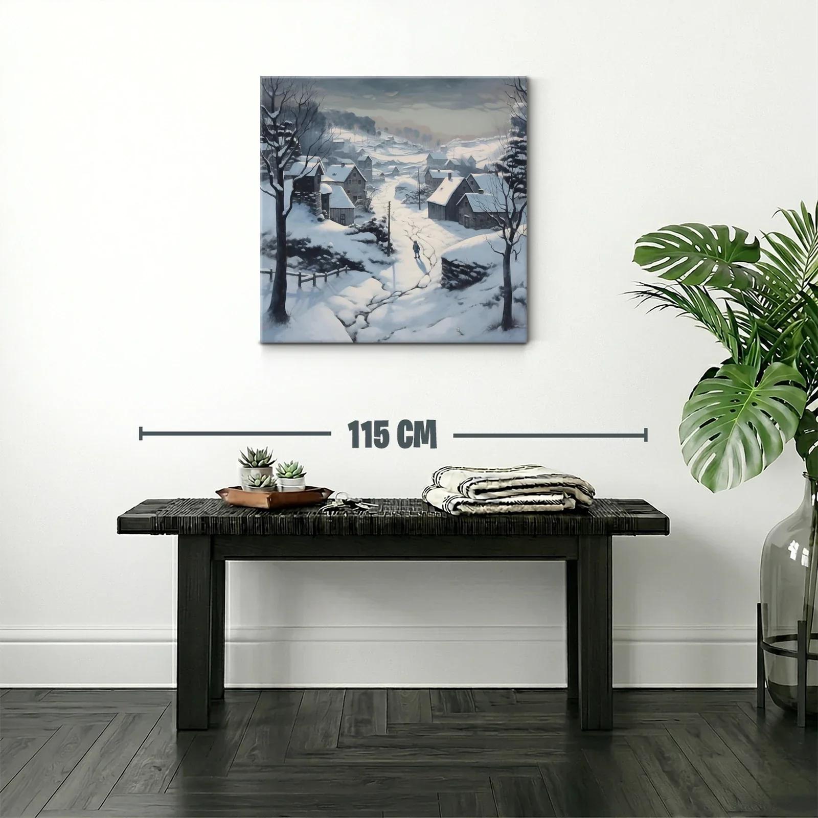 Paisaje nevado con aldea y silueta solitaria en invierno — miniatura 2