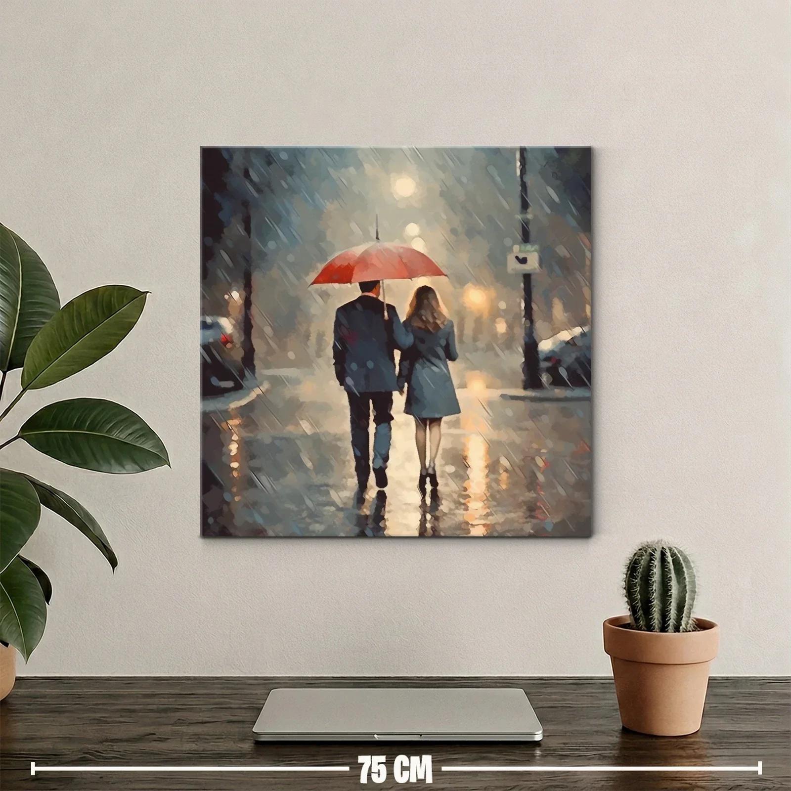 Pareja caminando bajo la lluvia con paraguas rojo — miniatura 2