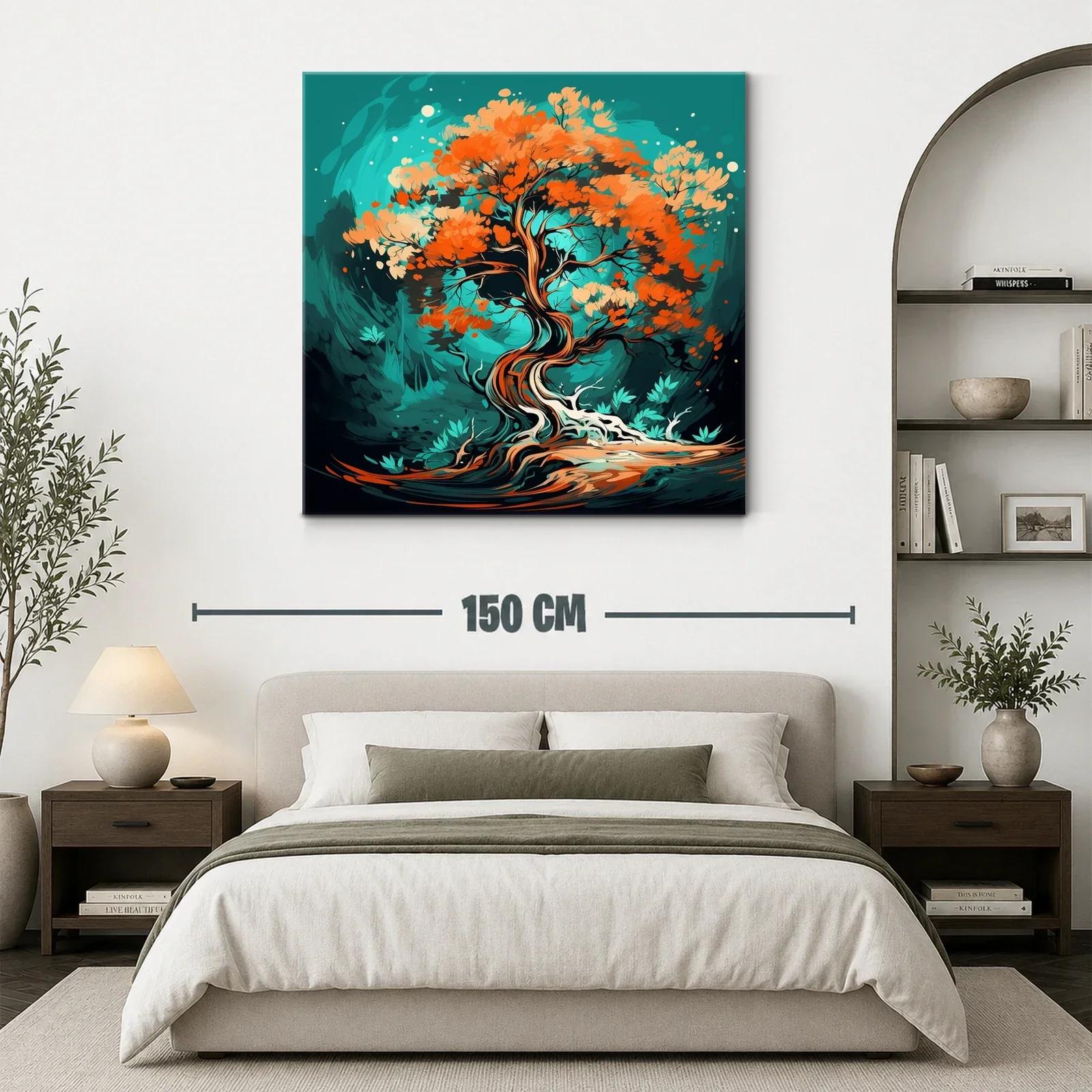 Árbol Abstracto con Hojas en Tonos Cálidos y Fondo Turquesa — miniatura 3
