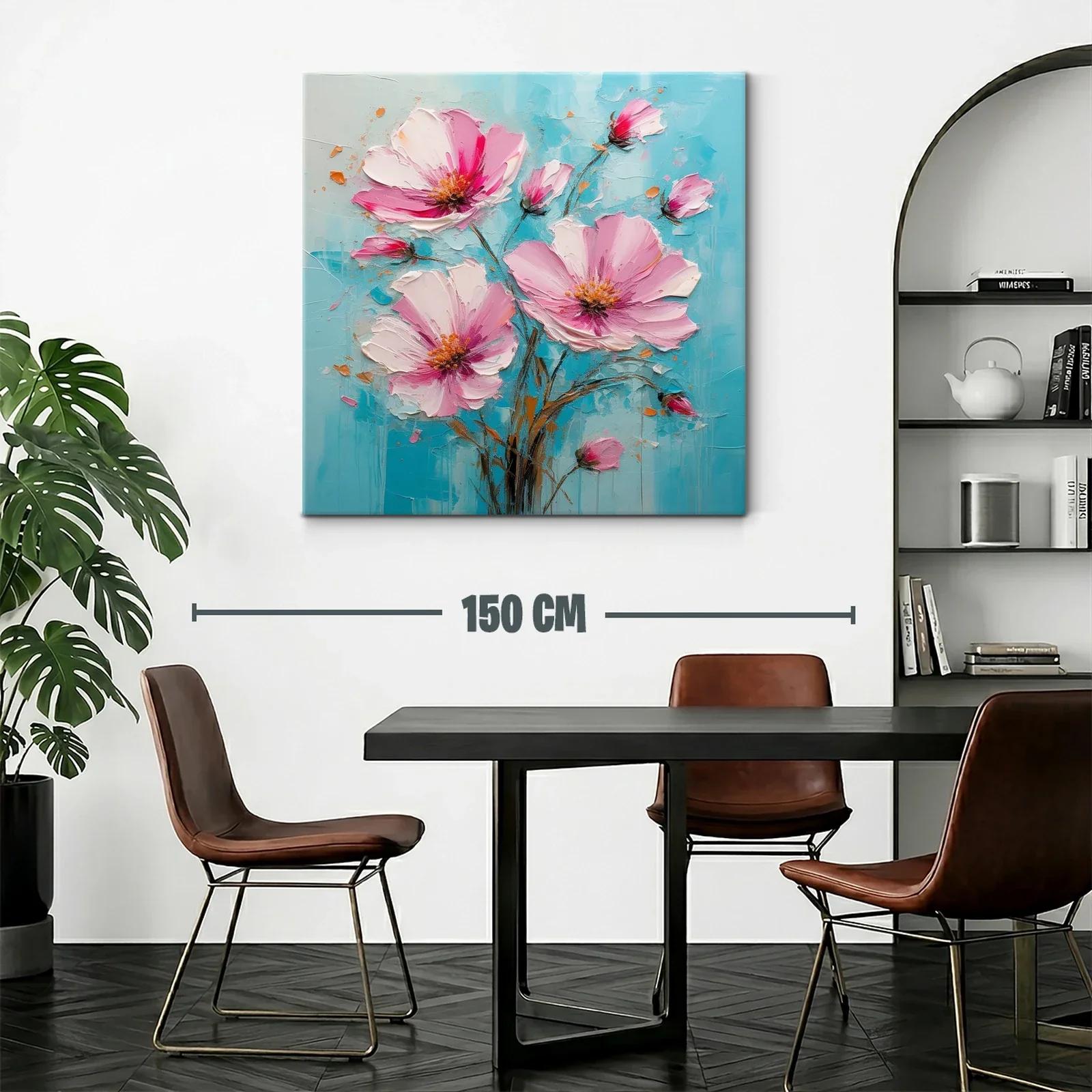 Cuadro flores rosas sobre fondo azul vibrante y texturizado — miniatura 2