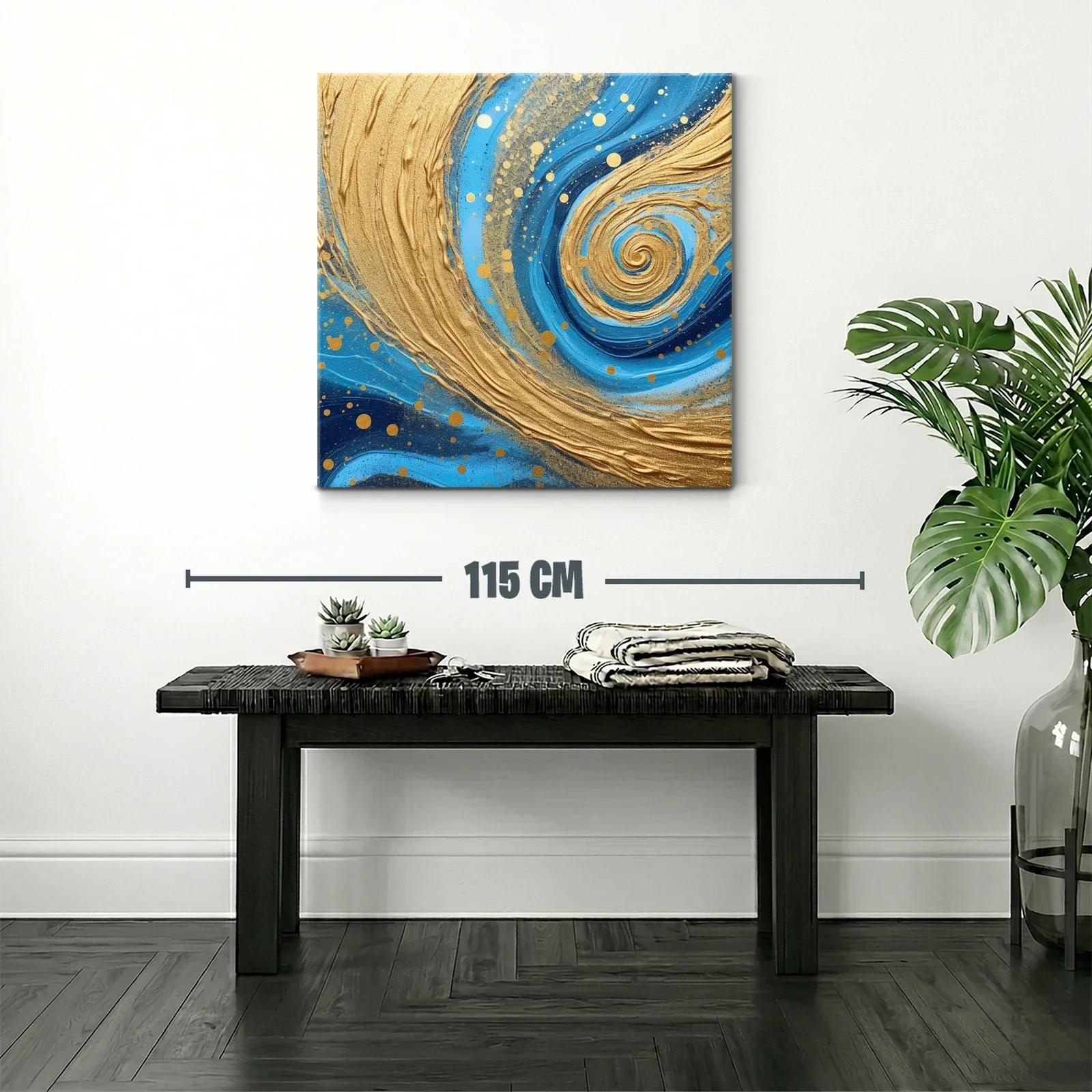 Cuadro abstracto con remolinos dorados y tonos azules — miniatura 2