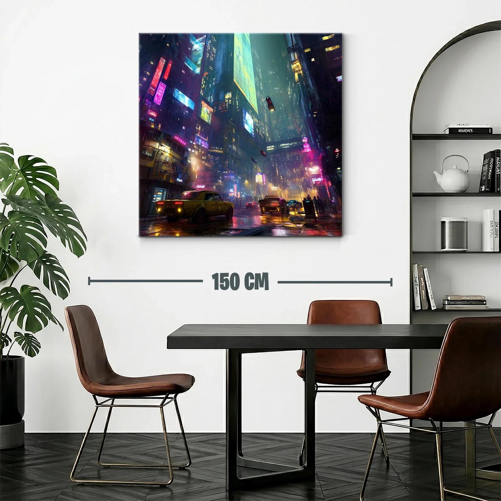 Ciudad futurista nocturna con luces de neón y tráfico urbano — miniatura 2