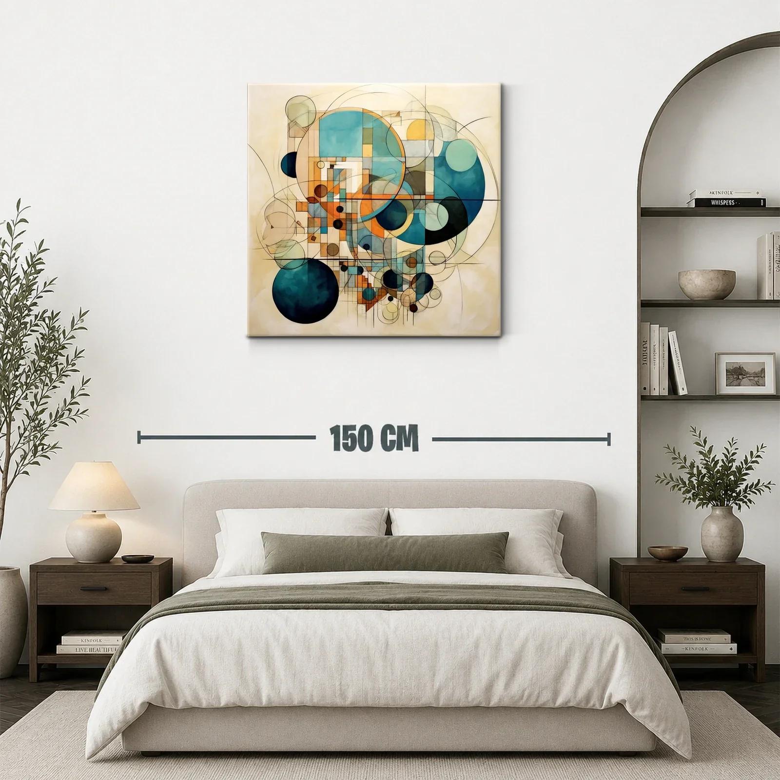 Cuadro abstracto de círculos geométricos en tonos azules y ocres — miniatura 3