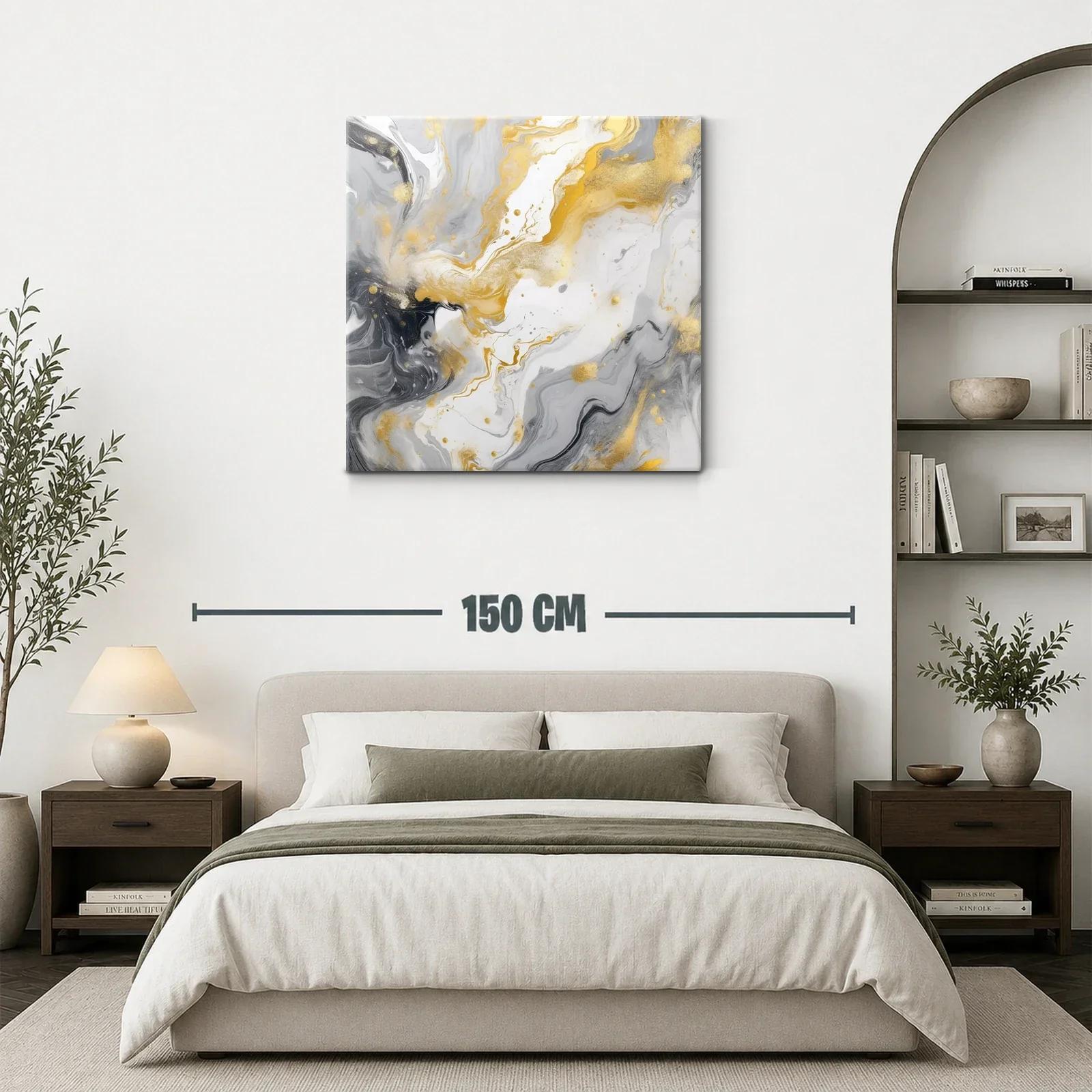 Cuadro abstracto con tonos dorados y grises fluidos en movimiento — miniatura 3