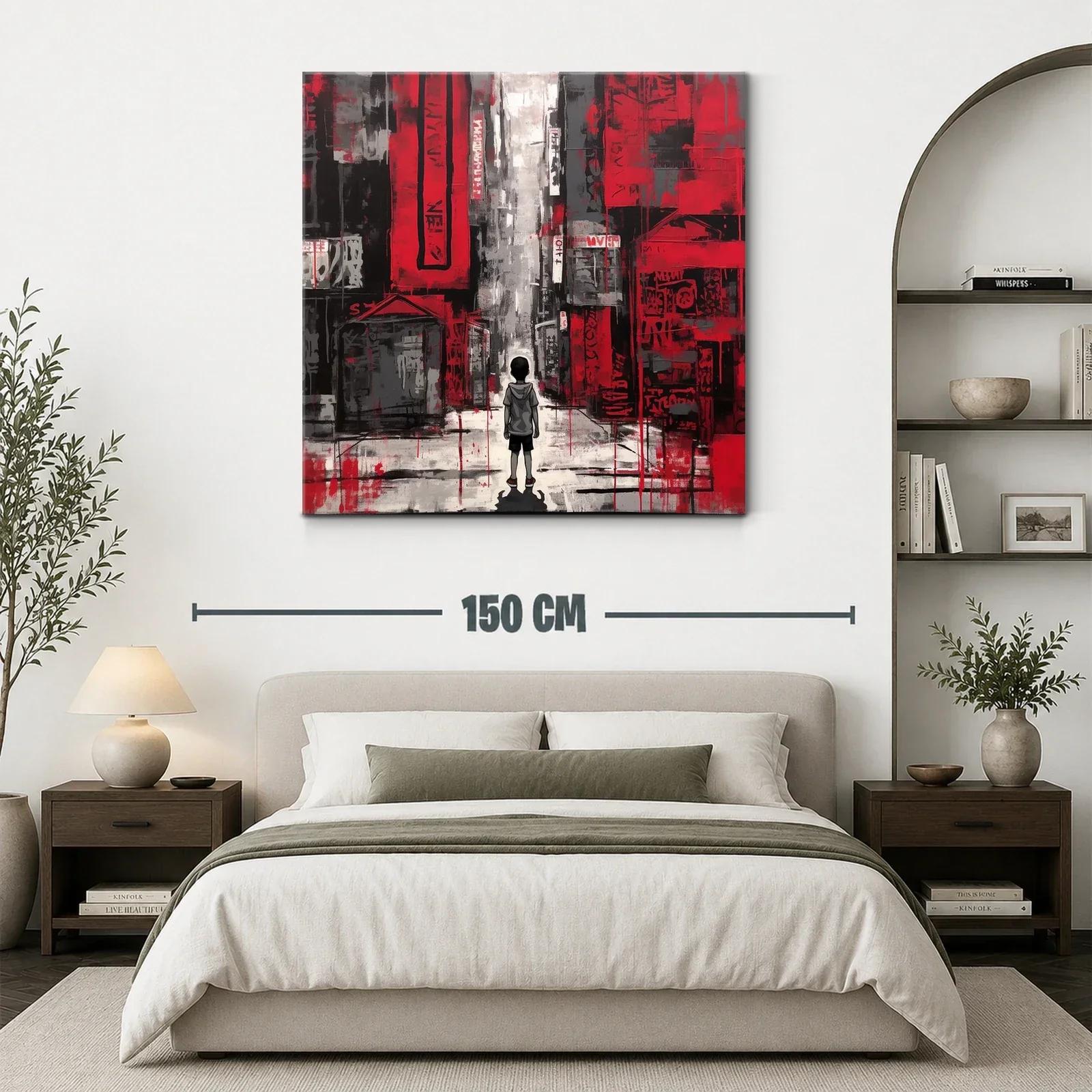 Escena urbana con niño en tonos rojos y grises vibrantes — miniatura 3