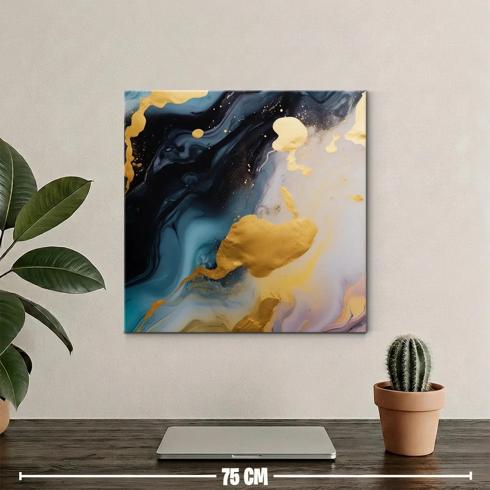 Cuadro abstracto con destellos dorados y tonos profundo azul — miniatura 2