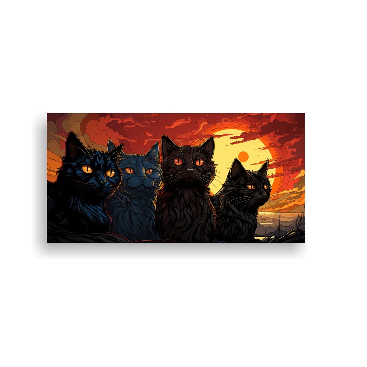 Cuadro grupo de gatos negros con atardecer intenso — imagen principal