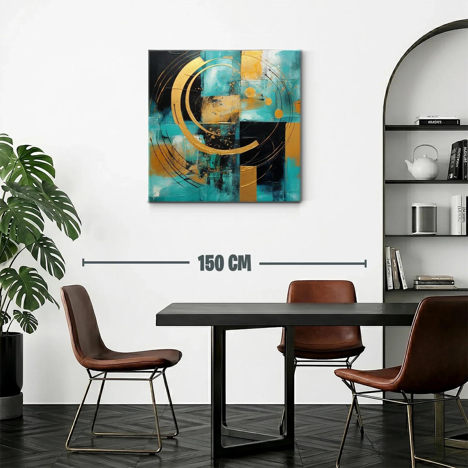 Cuadro abstracto con círculos dorados sobre fondo turquesa y negro — miniatura 2