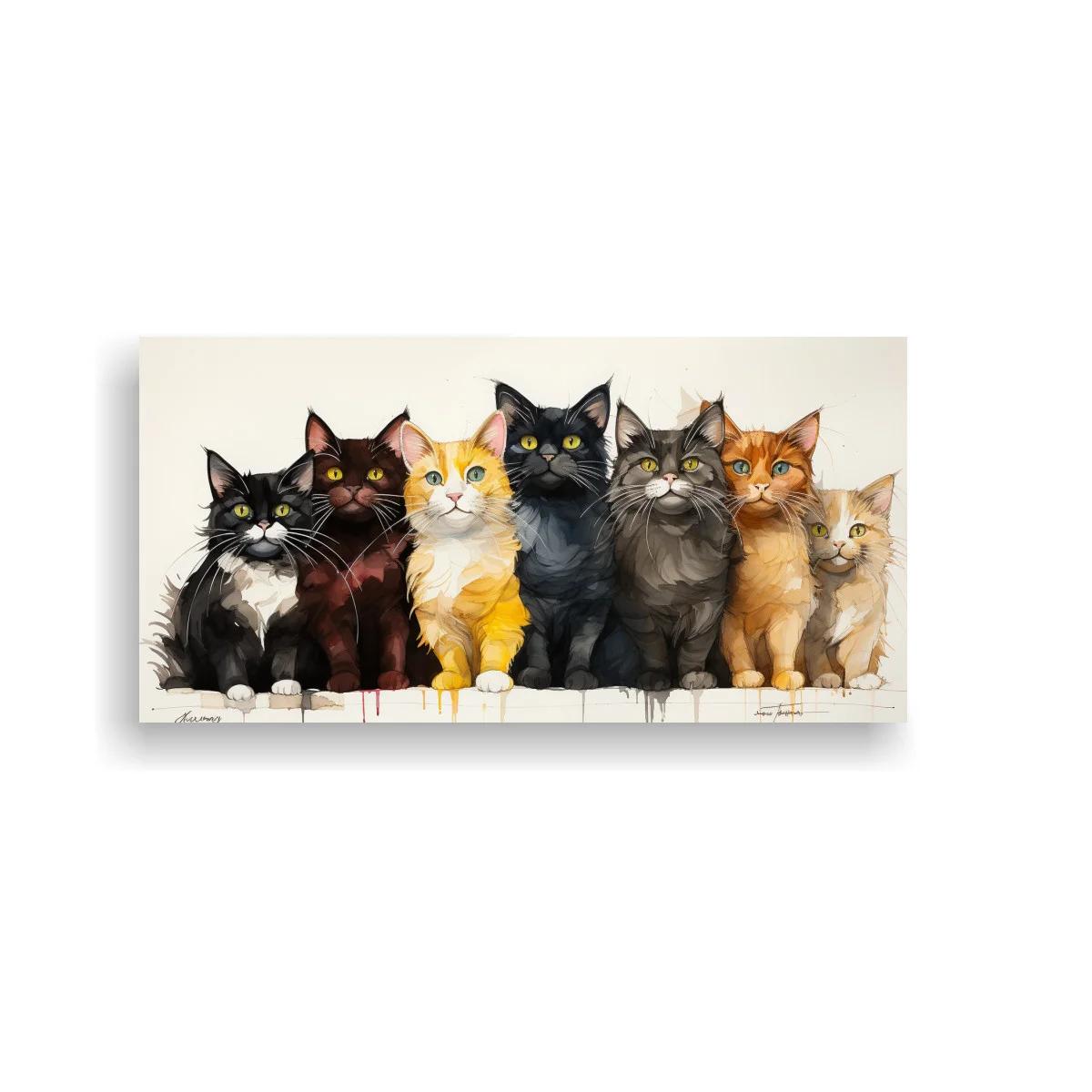 Cuadro seis gatos alineados con pelajes variados — imagen principal