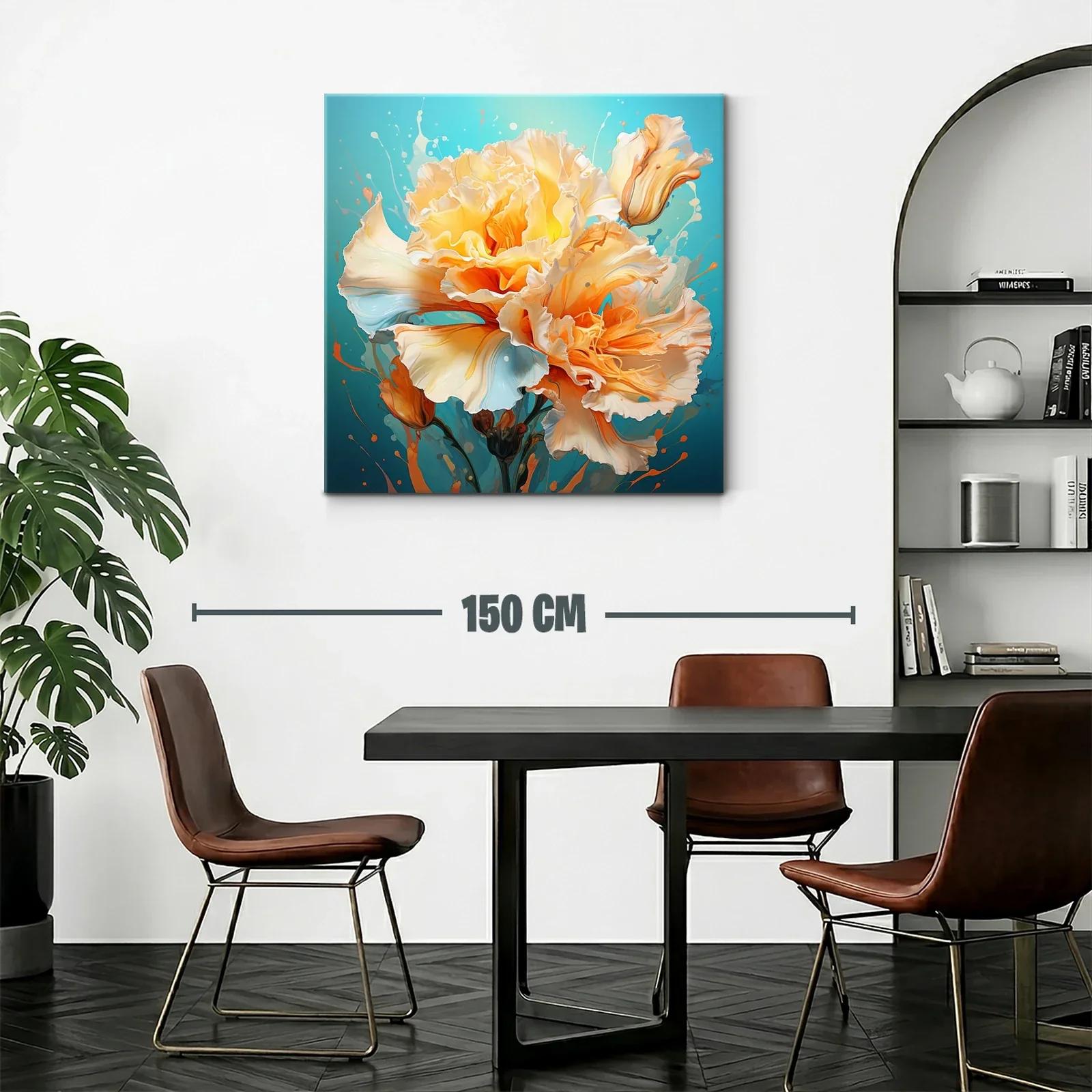 Cuadro floral vibrante en tonos cálidos y fondo azul — miniatura 2