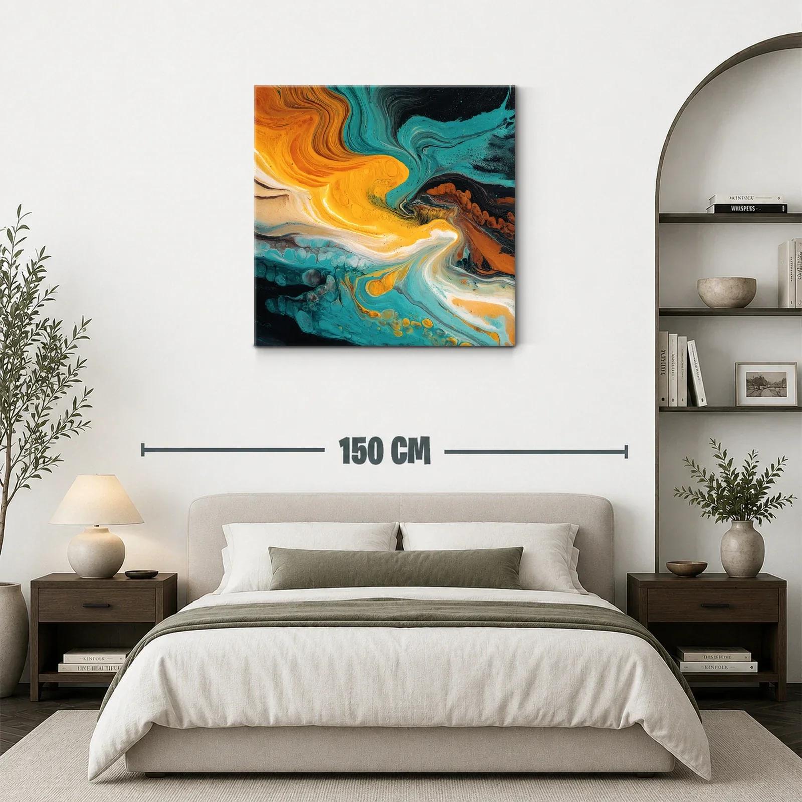 Cuadro abstracto con tonos turquesa y naranja vibrante — miniatura 3