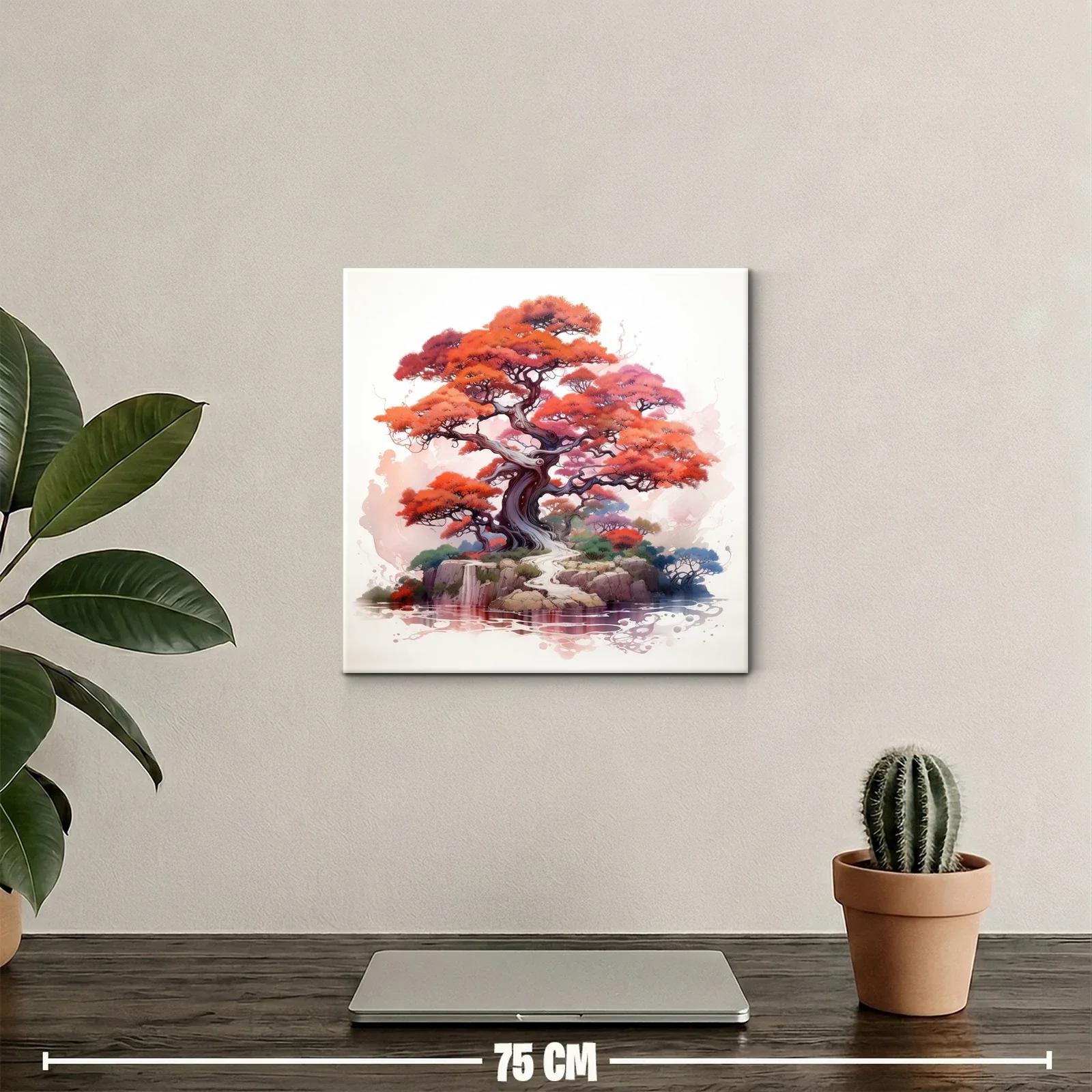 Árbol rojo y paisaje sereno con reflejo en el agua — miniatura 2