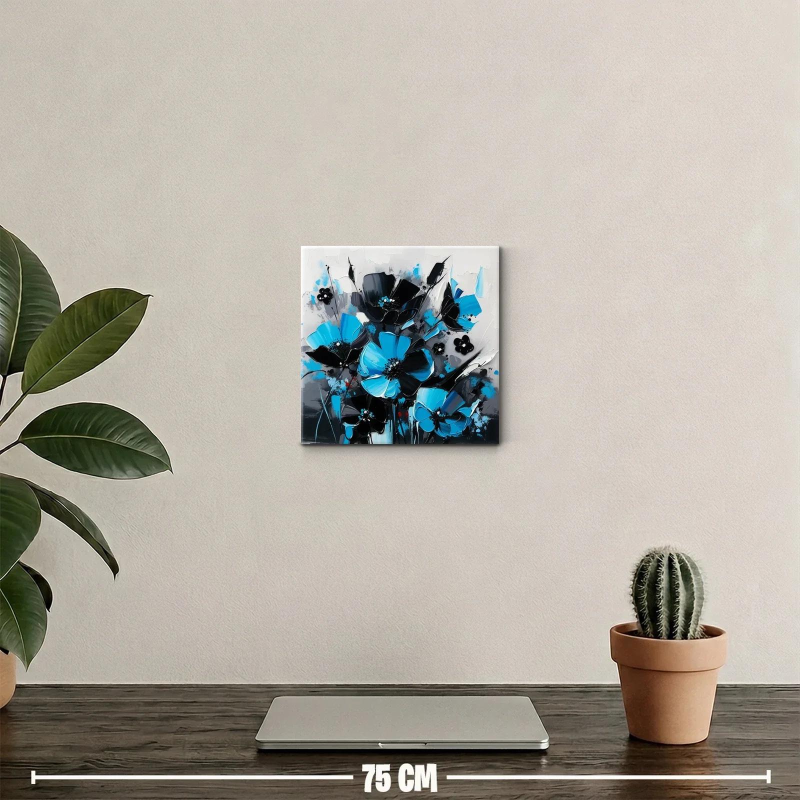 Cuadro floral moderno en tonos azul y negro vibrante — miniatura 2