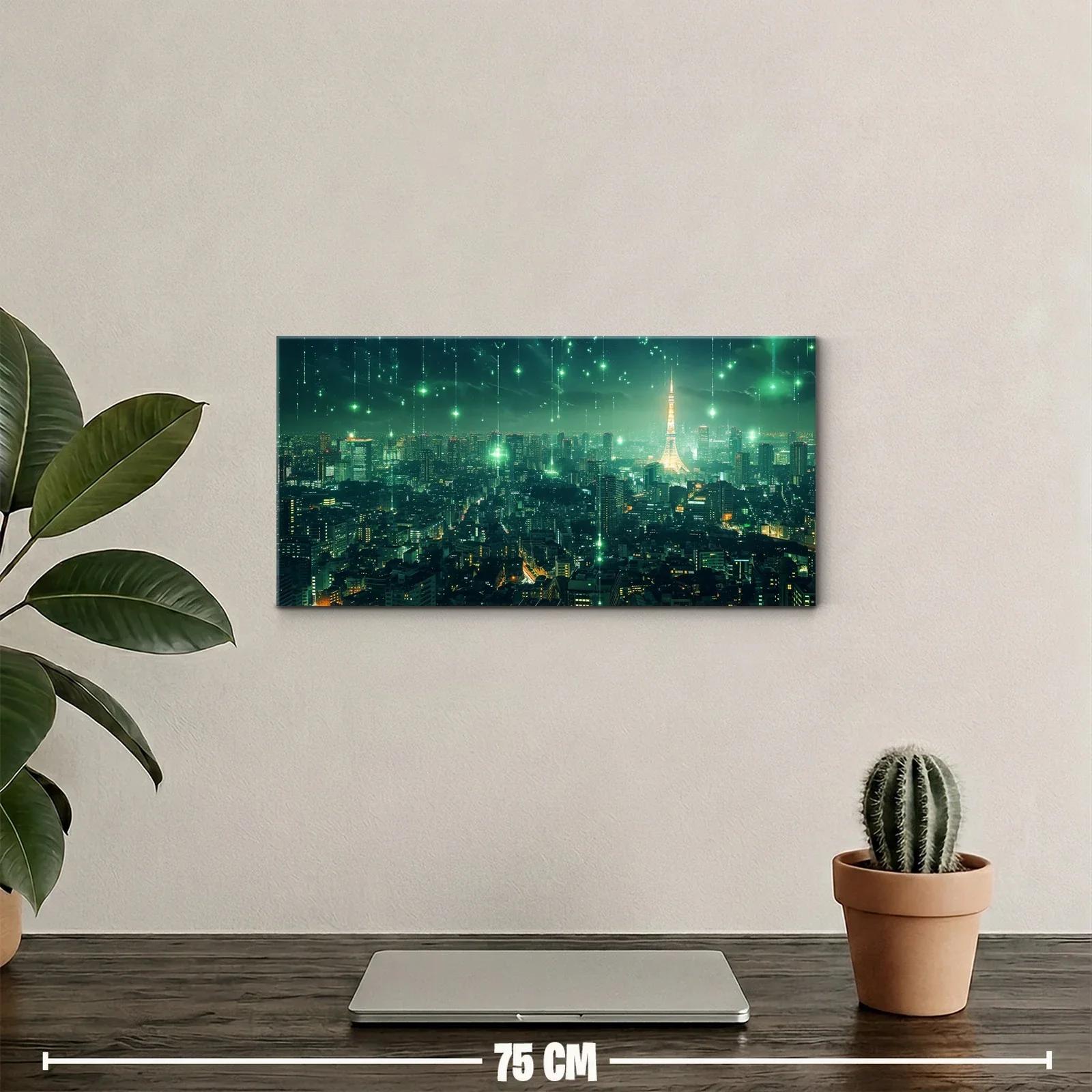 Cuadro skyline urbano nocturno con torre iluminada — miniatura 2