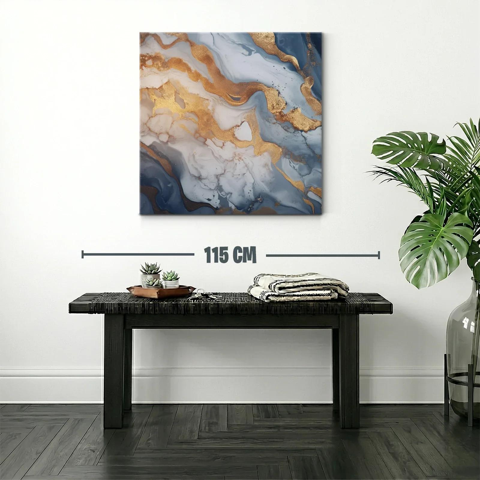 Cuadro abstracto con tonos dorados y azul grisáceo — miniatura 2