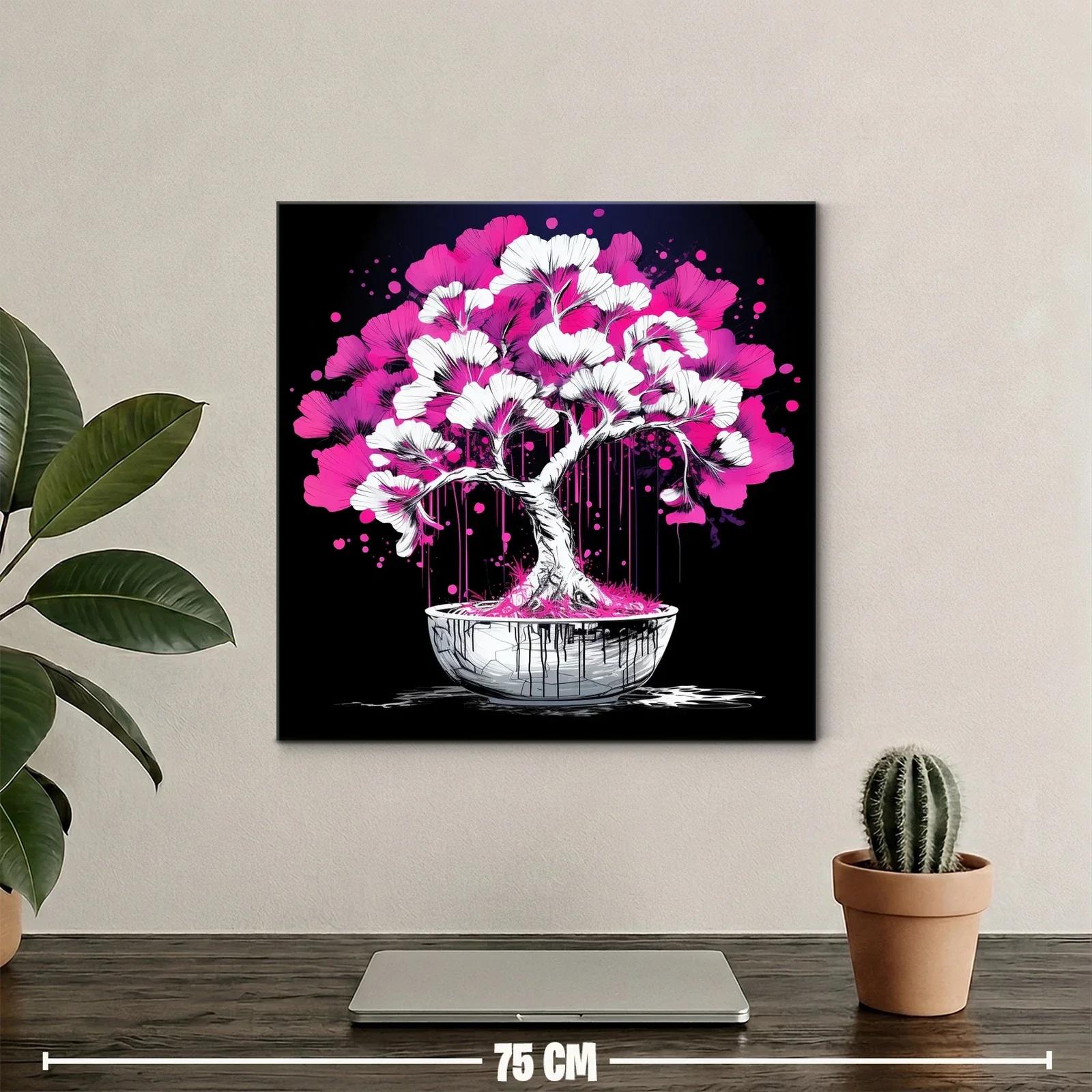 Árbol bonsái vibrante con flores rosa y blancas sobre fondo negro — miniatura 2