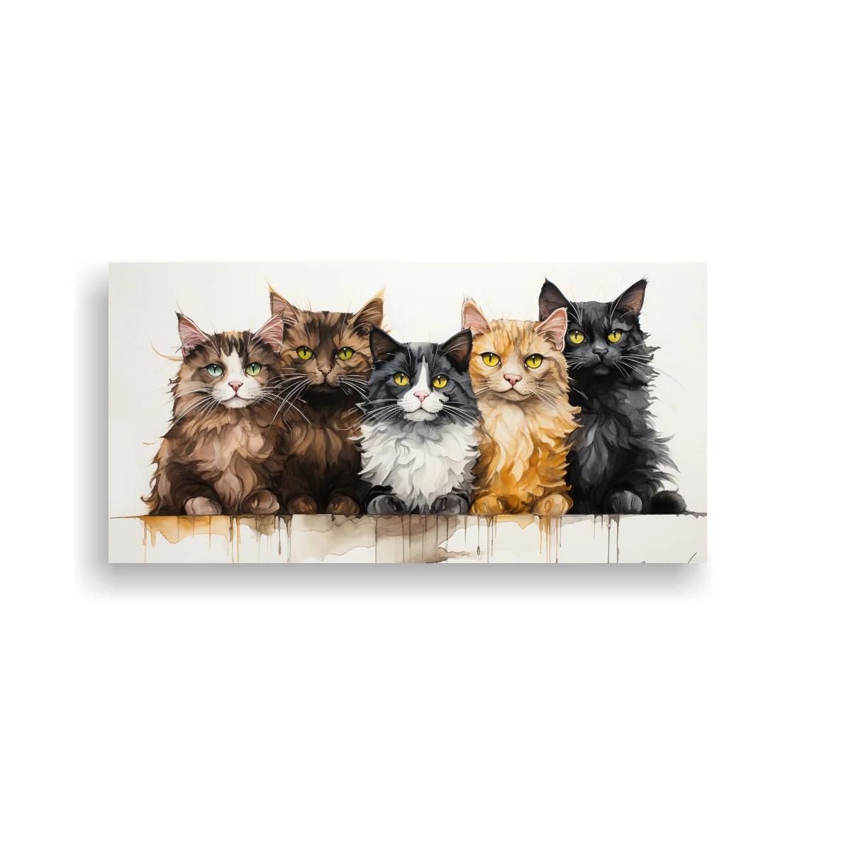 Cuadro grupo de cinco gatos de pelo largo con acuarela