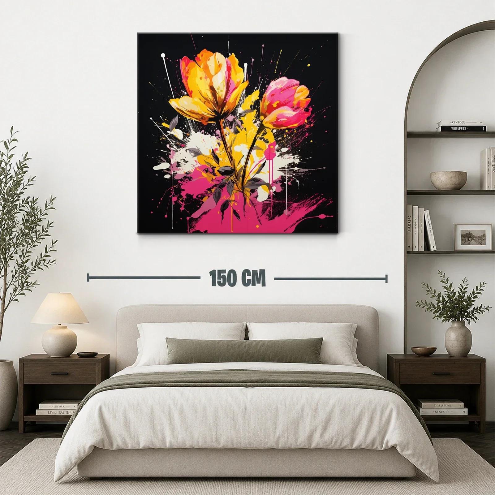 Cuadro floral vibrante con tonos rosas y amarillos intensos — miniatura 3