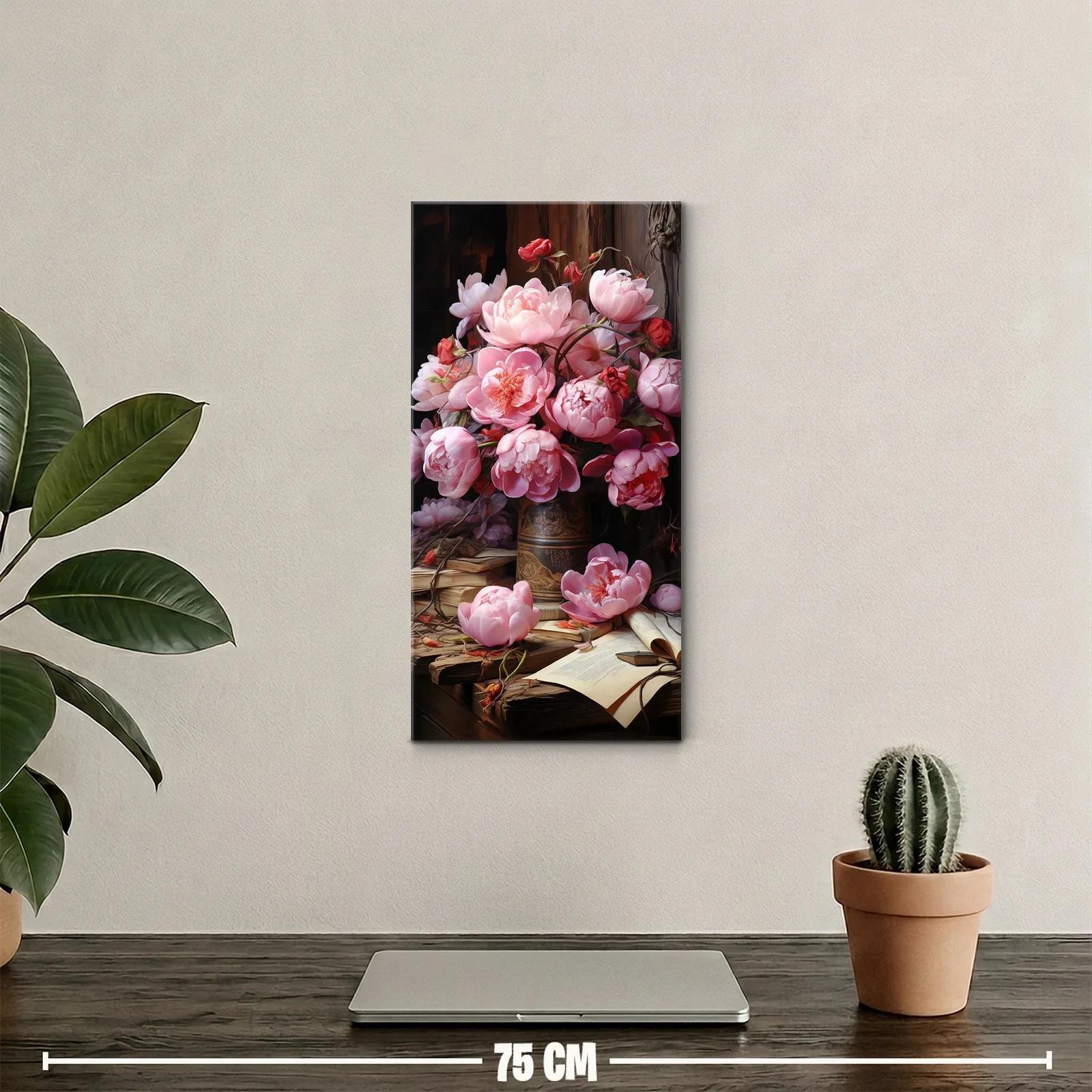 Cuadro ramo de peonías rosadas con libros viejos y carta abierta — miniatura 2