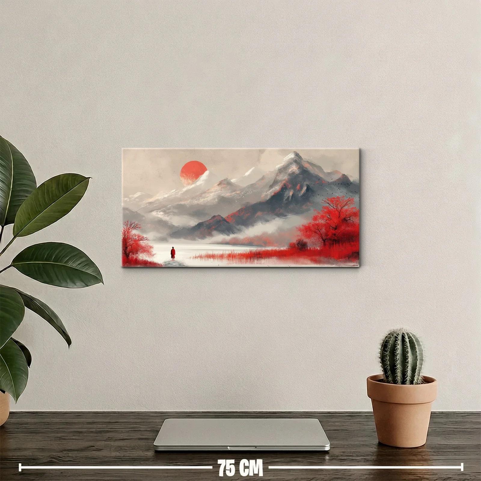 Cuadro paisaje de montaña con árboles rojos y agua serena — miniatura 2