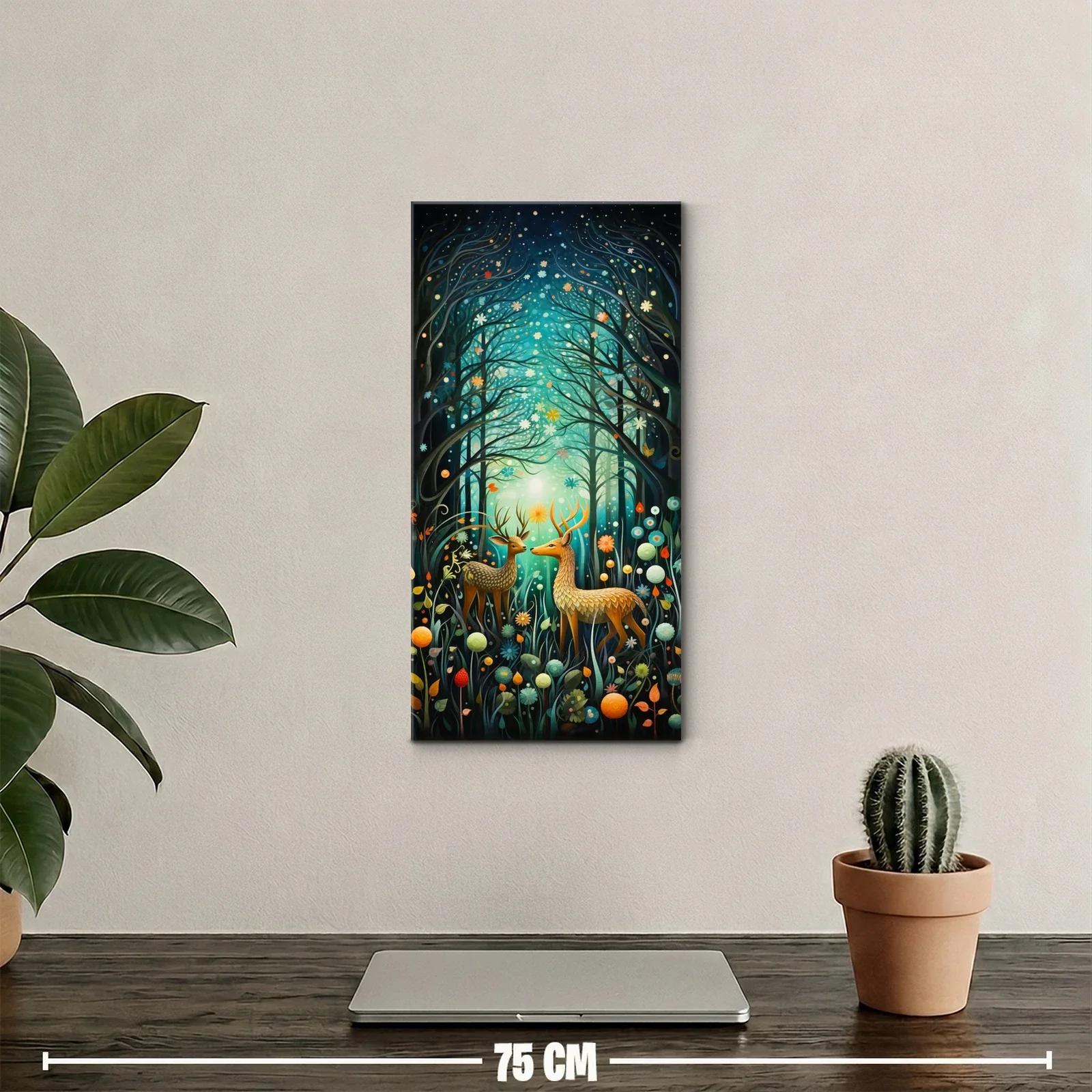 Cuadro dos ciervos entre árboles ondulados y flores luminosas — miniatura 2