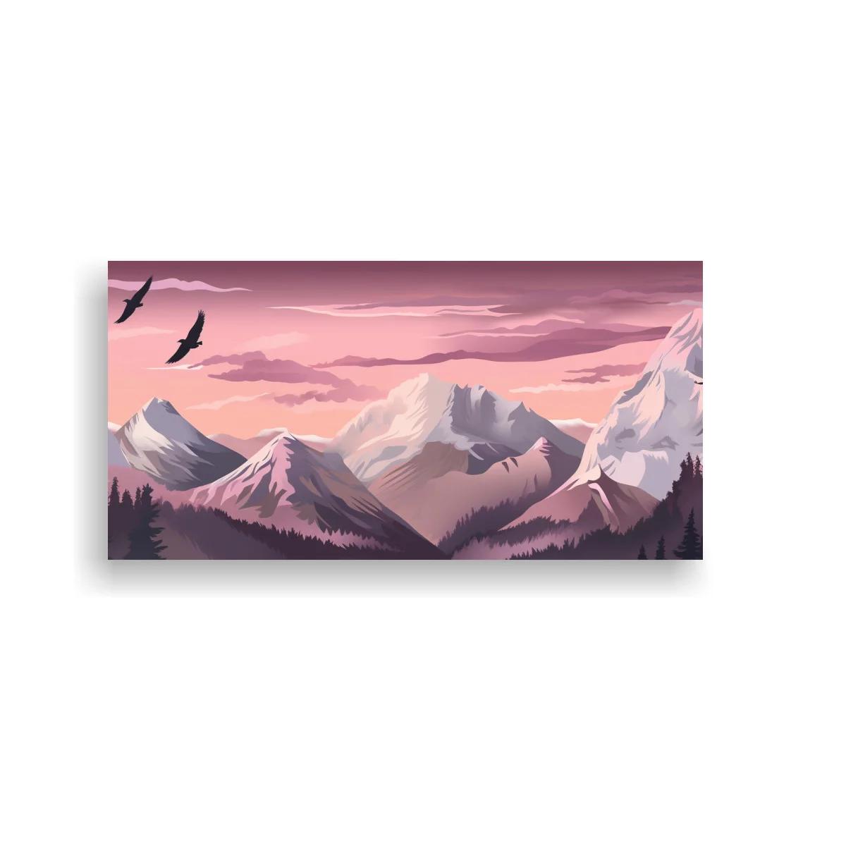 Cuadro cordillera nevada con bosque oscuro y aves recortadas — imagen principal